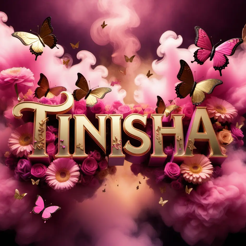 the name "tinisha" in vibrant gold letters surrounded by pink and gold smoke, flowers and butterflies