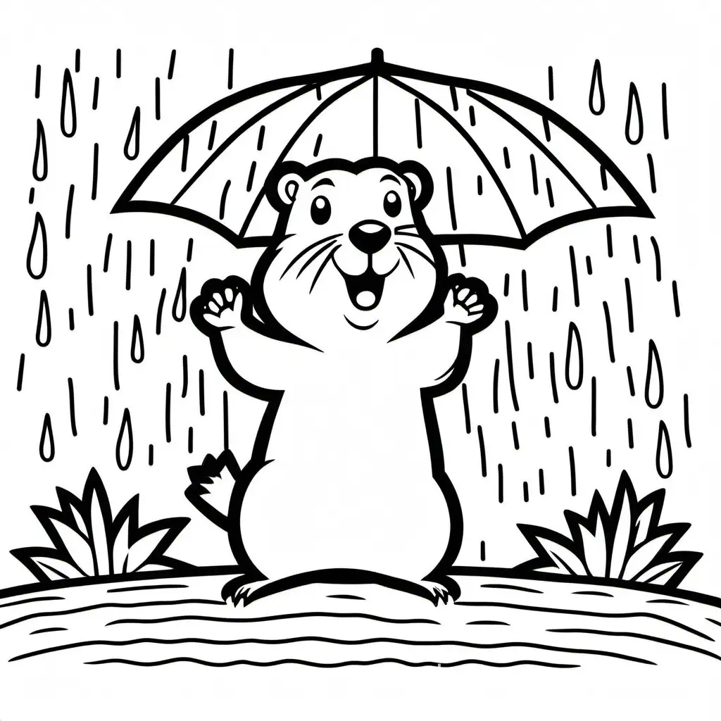 Groundhog dancing in the rain, Coloring Page, black and white, line art, white background, Simplicity, Ample White Space. The background of the coloring page is plain white to make it easy for young children to color within the lines. The outlines of all the subjects are easy to distinguish, making it simple for kids to color without too much difficulty