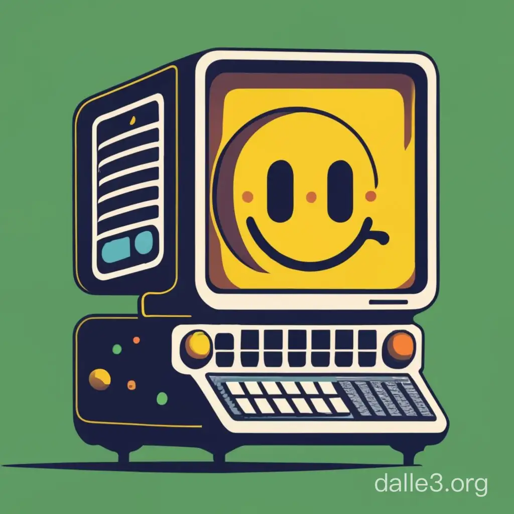 Generate an image for a company logo of a retro-style computer terminal with a pixellated winking smiley face on the screen