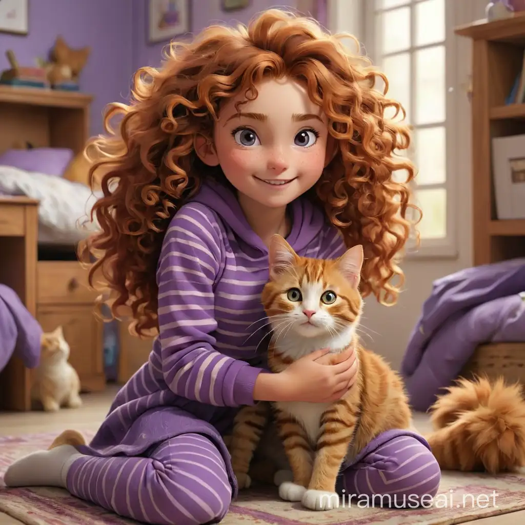 Content Teen Girl with PurplePink Curly Hair Playing with Ginger Striped Cat in Room