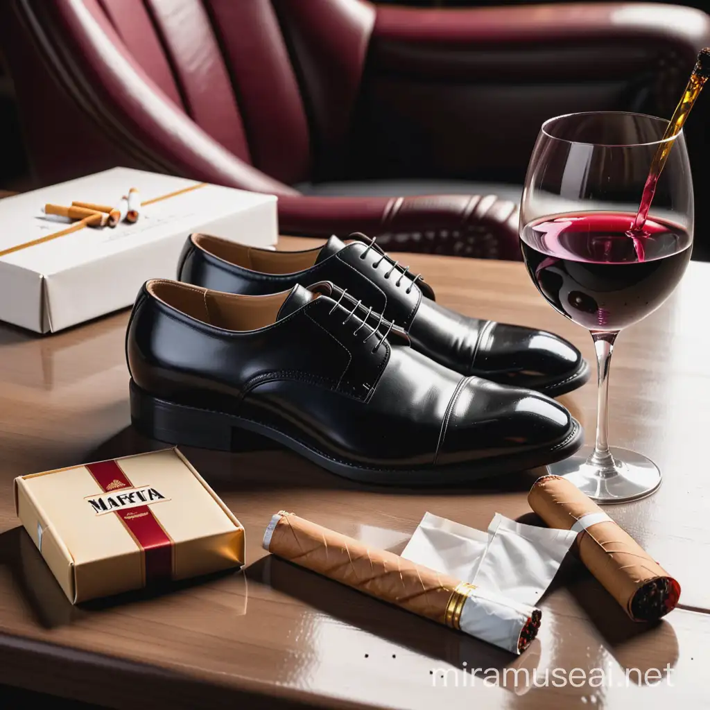 Mafia Bosss Shoe Wine Glass and Cigarette Box Composition