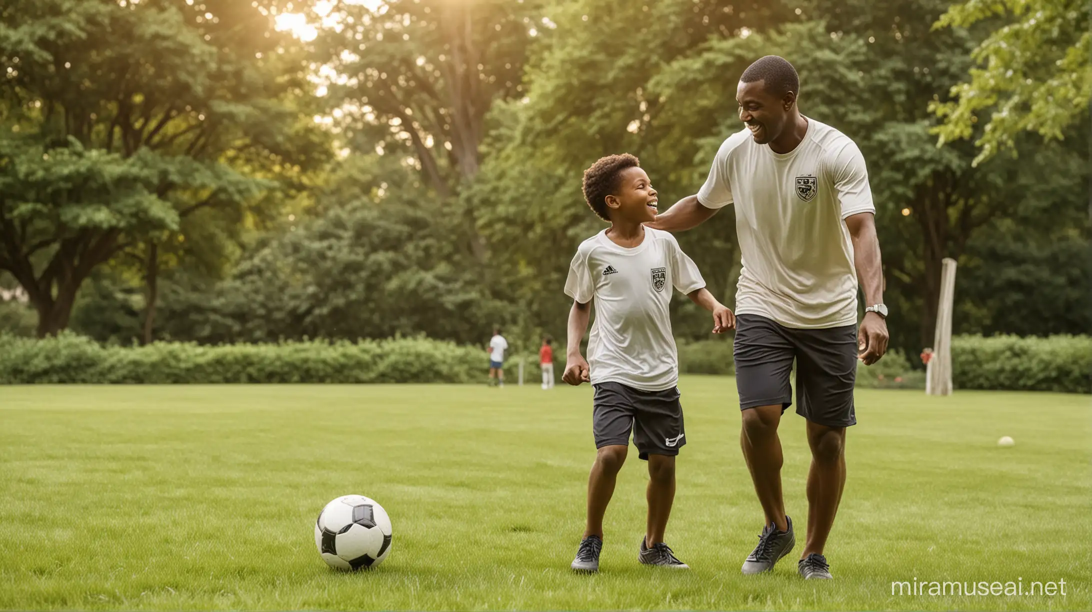 In a sunlit park, the air alive with the sounds of laughter and excitement, an African American man and his young son bond over the beautiful game of soccer. Dressed in matching jerseys, they kick the ball back and forth with skill and enthusiasm, their faces illuminated by wide smiles of joy and connection.

The man's movements are fluid and effortless, his experience evident in the way he effortlessly maneuvers the ball, while his son eagerly follows his lead, his eyes shining with admiration and delight. Together, they create a symphony of movement and teamwork, passing the ball with precision and grace.

Surrounded by the lush greenery of the park, they are lost in the moment, their bond strengthened with each playful exchange of the ball. As they chase after the soccer ball together, they share laughter and camaraderie, forging memories that will last a lifetime.

In this simple yet profound moment of father-son bonding, the African American man and his young son find joy and connection in the universal language of sport. Through the game of soccer, they celebrate the power of family, love, and shared experiences, creating a legacy of love and teamwork that will endure for generations to come.