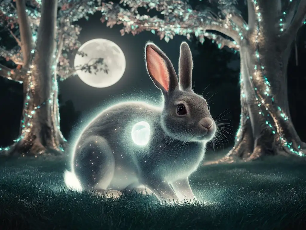realistic, fantasy, magic lights rabbit