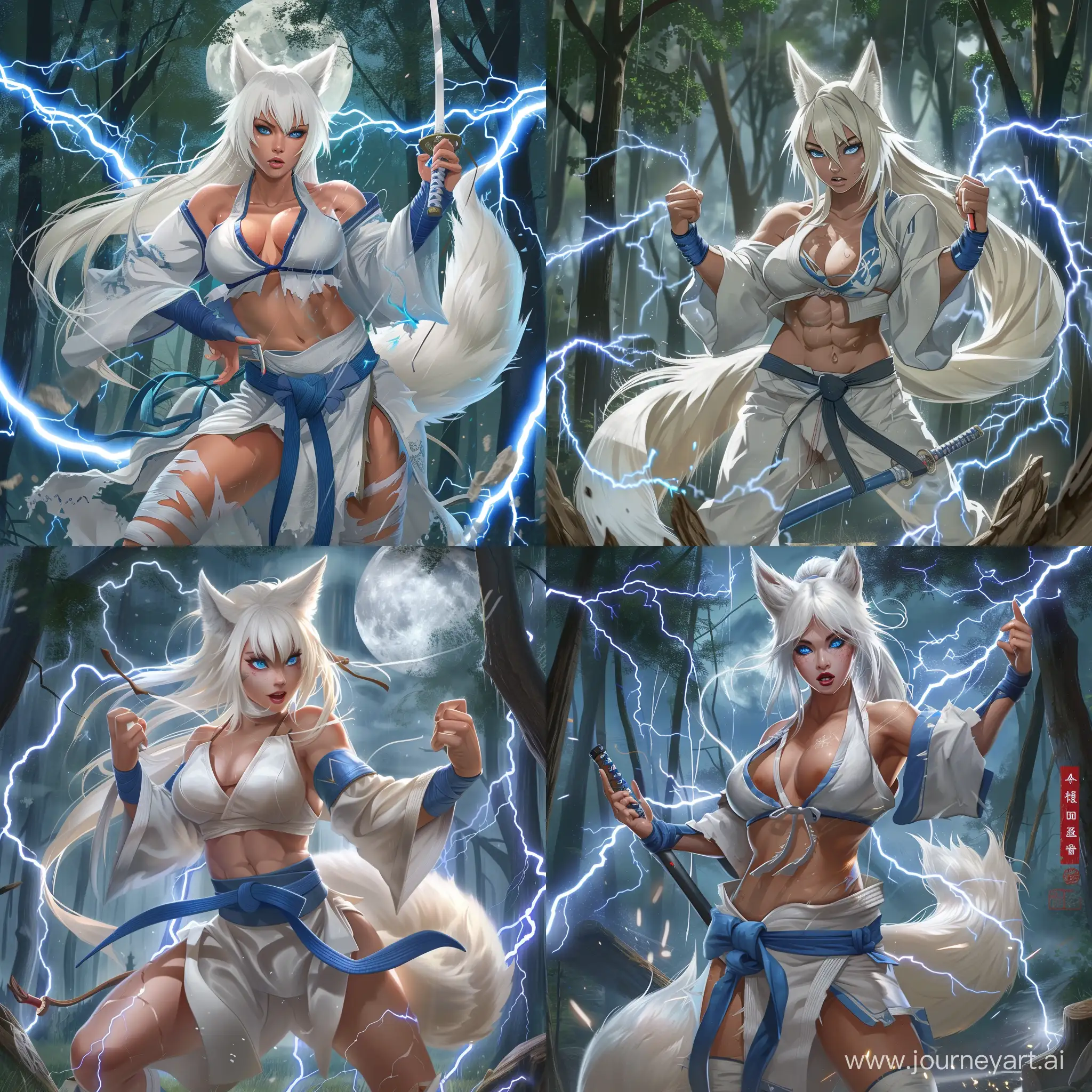 anime-style, full body, athletic, muscular, tan skin, adult, asian woman, long white hair, white fox ears, white fox tail attached to her waist, fierce blue eyes, wearing a white and blue martial arts gi, baggy martial arts pants, white chest wrap, holding a katana, dynamic, blue wristwraps, blue footwraps, using lightning magic, surrounded by lightning, forest, night, full moon