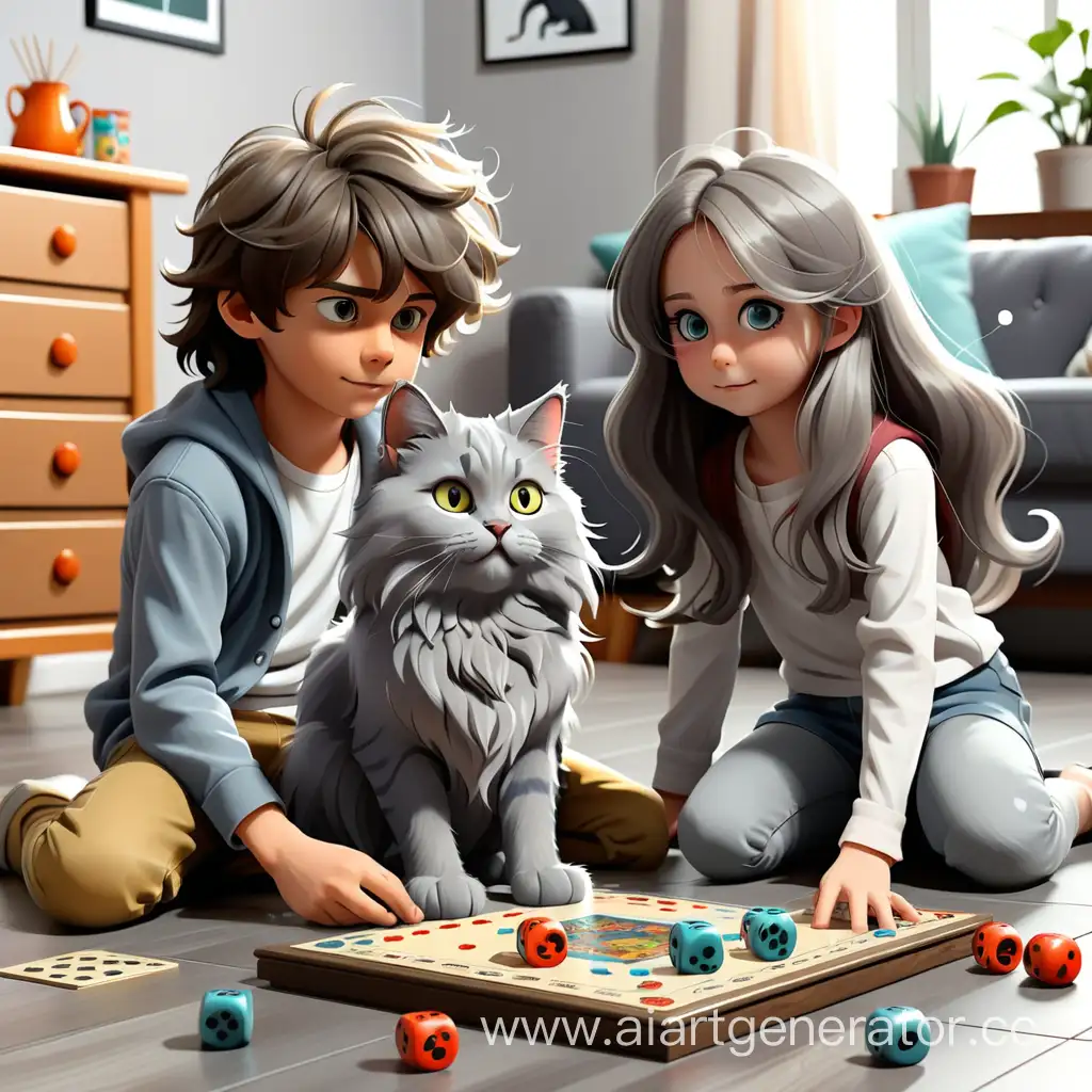 Парень и девушка с длинными волосами на полу играют в настольную игру, рядом сидит пушистая серая кошка