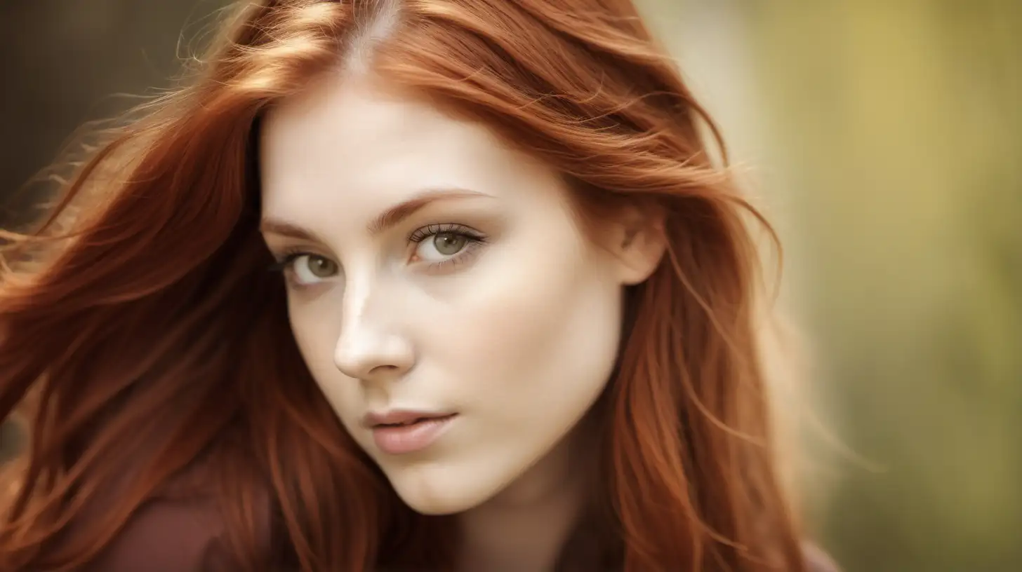 Young woman with flowing auburn hair gazing forward, soft focus.