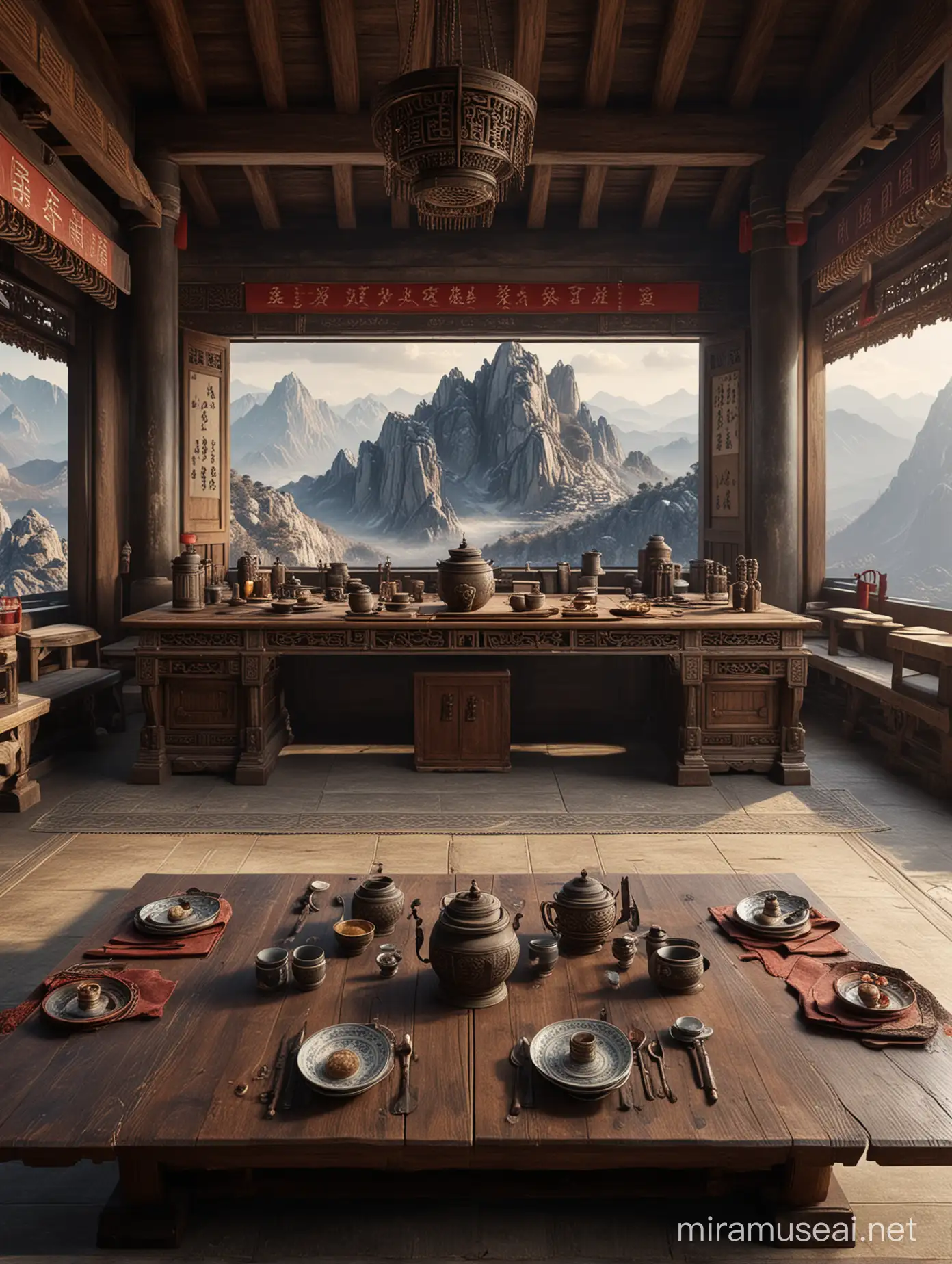 中国风山寨，旧旧的室内，有一个寨主桌子，正面，全景，高品质，多细节，高清