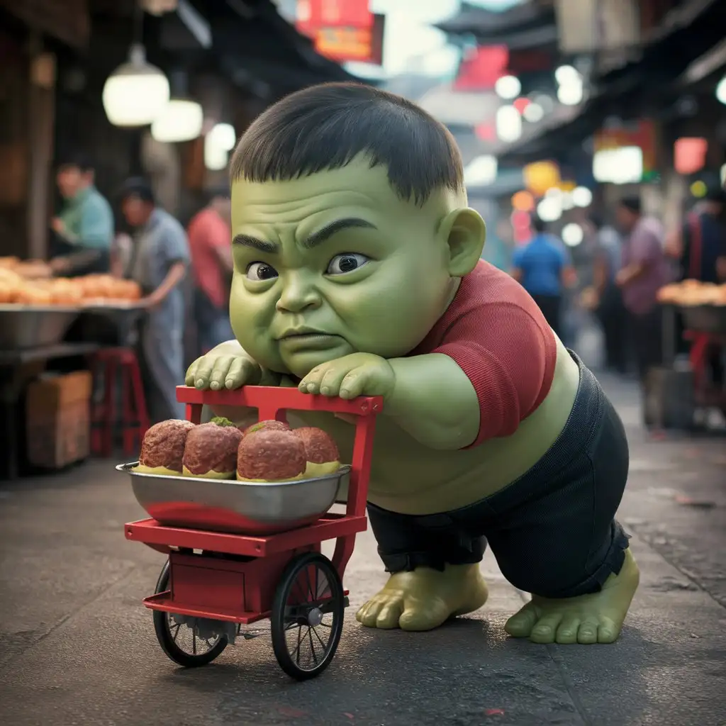 foto realistic, Foto Baby hulk Berbadan Gemuk, Baju Merah, Celana  hitam, Sedang Mendorong Gerobak Bakso, wajah Nya Lucu Lelah, di Pasar tradisionalai bular 8 k hd