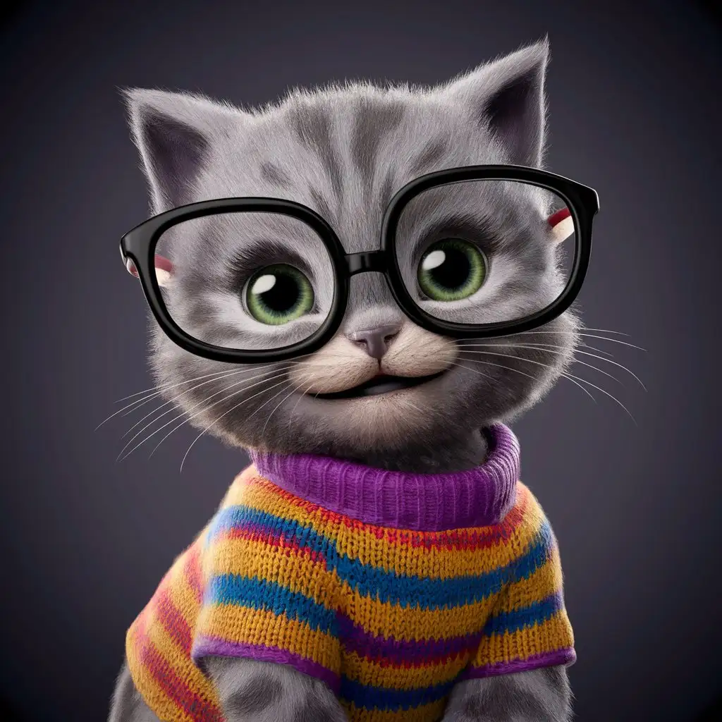 Adorable-3D-Gray-Kitten-Meme-with-Colorful-TShirt-and-Glasses
