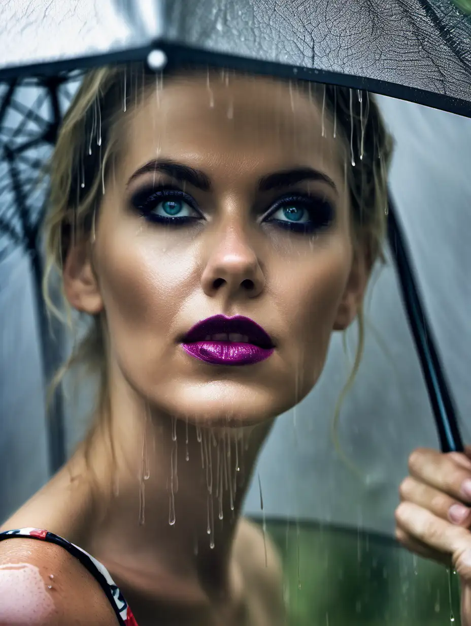 Elegantly Tearful Woman in Rain with Smudged Mascara