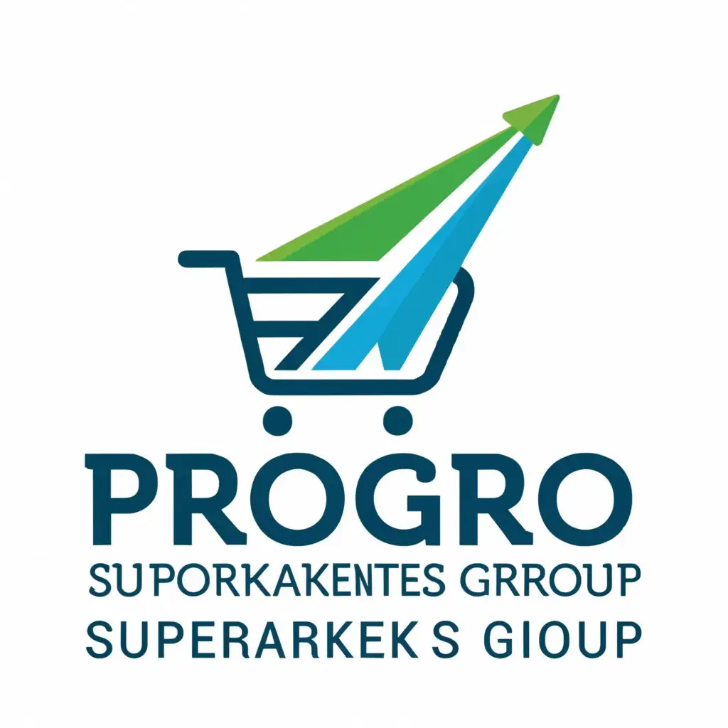 a logo design,with the text "PROGRO SUPERMARKETS GROUP", main symbol:ARROW SUCCESS BASKET OR SHOPPING TROLLEY POSITIVITY GREEN AND BLUE COLOURS LARGE COMPANY,complex,be used in Retail industry,clear background