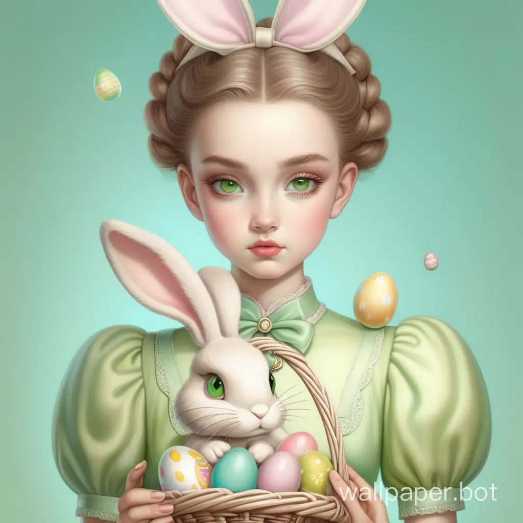 Surrealistic illustration. Girl with light-brown hair, elegant high hairstyle, light-green eyes. Pouty lips. Beautiful retro costume up to the waist. Radiant clear skin. Natural light, in hands an Easter basket with a rabbit. Soft pastel translucent tones. Interesting details, kingdom. Style Mark Ryden. High quality. 4K, clarity