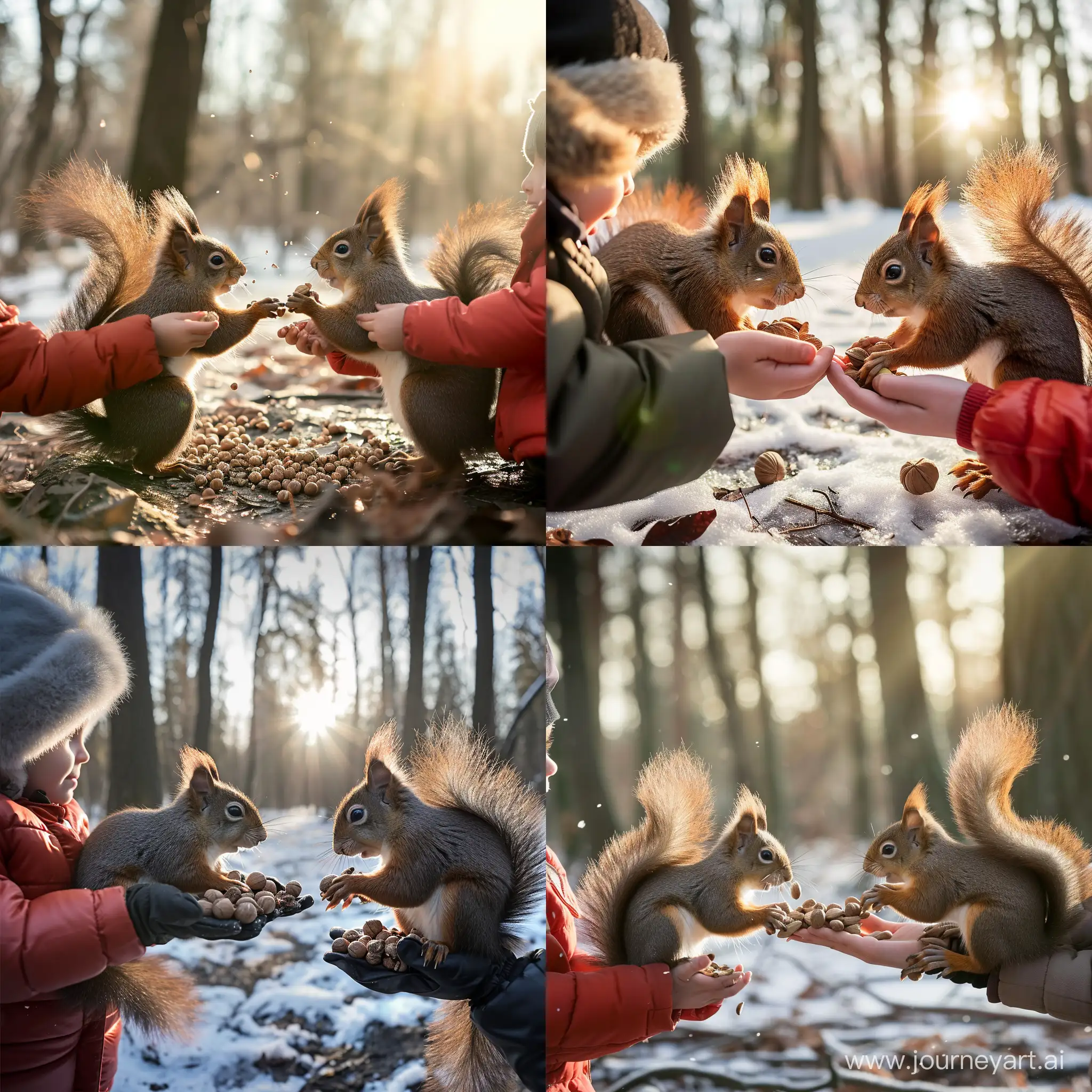 Дети кормят белок орешками с руки, зимний солнечный лес, фотография, гиперреализм, высокое разрешение