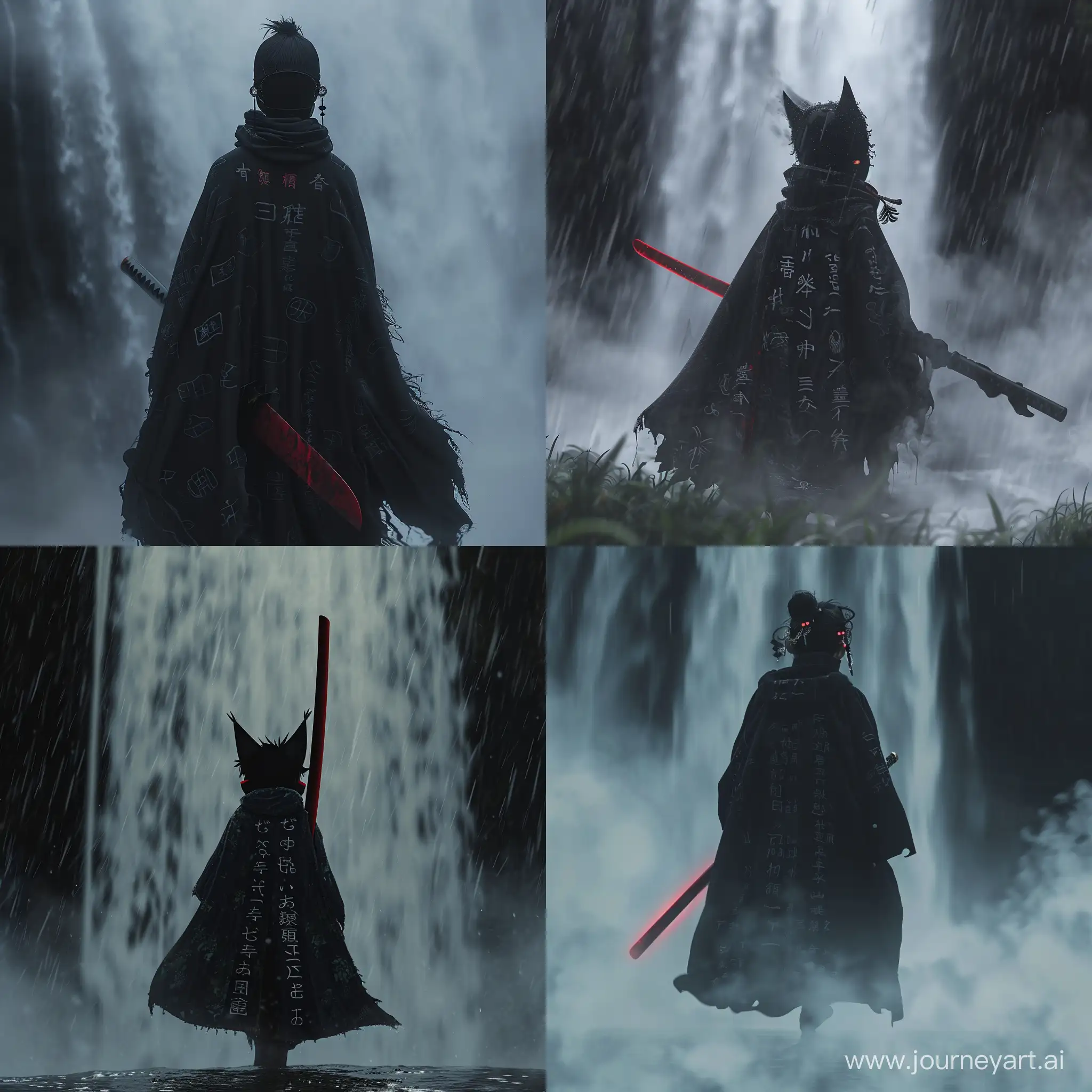 Маленький демон, ходящий тумана, под завесой тумана, держа в руках темно красный меч, чёрный плащ с японскими надписями, японские серьги на ушах, с закрытым маской лицом, сзади чёрный водопад. Style anime