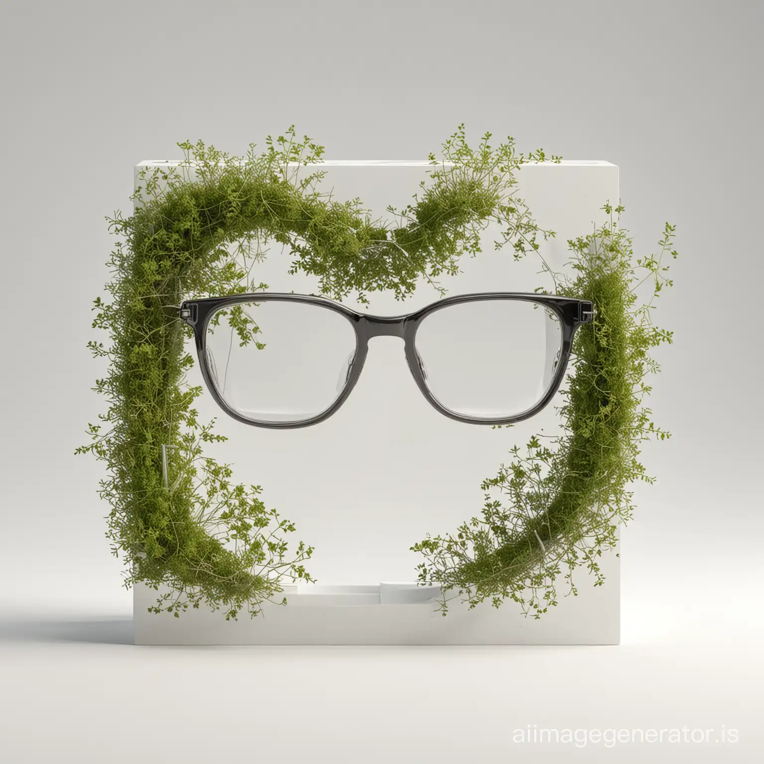 eyeglasses in center, 3D composition of simple shapes like cylinder or cube, minimum moss and birch textures, white background, high resolution
