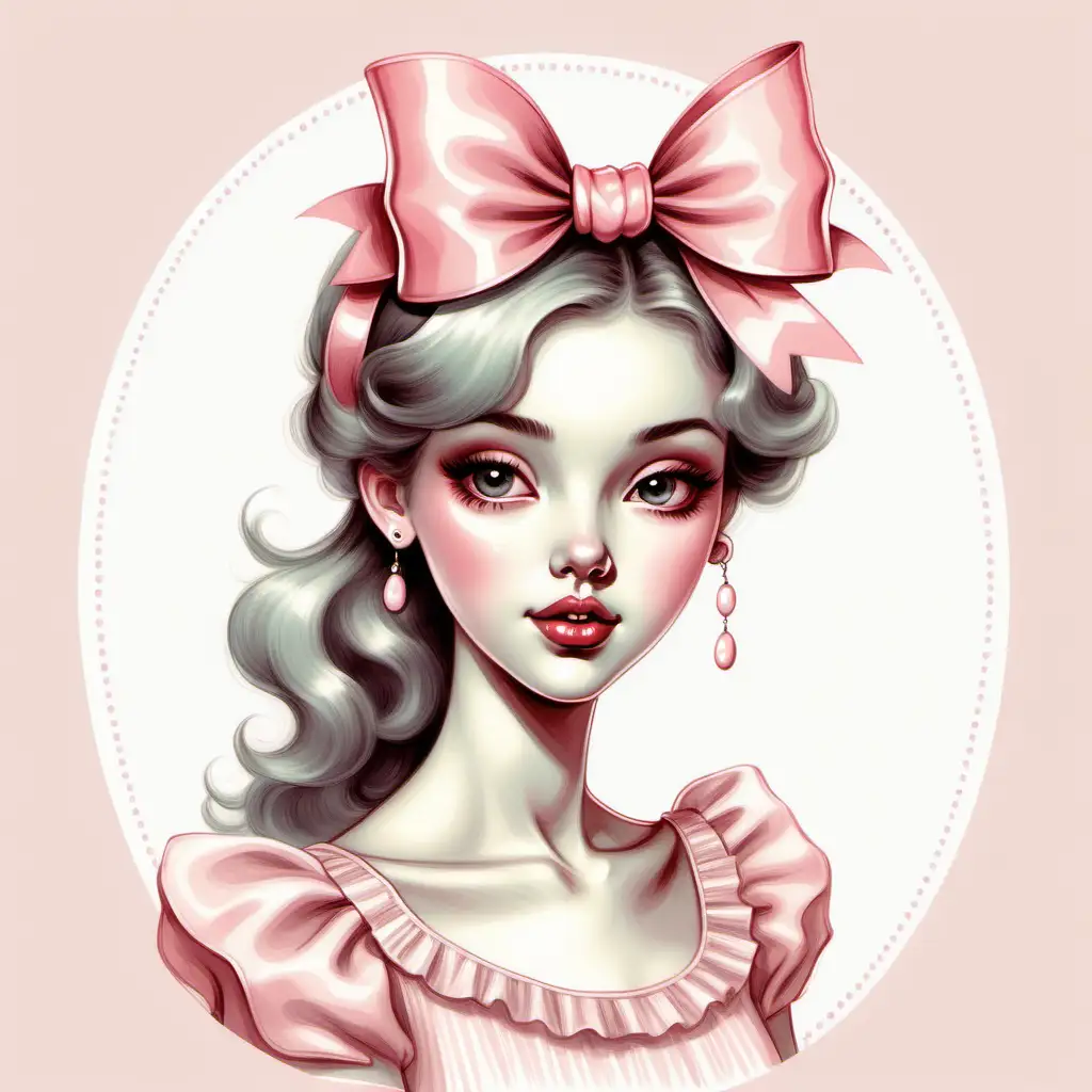 Whimsical Girl with Pink Bow Charming VintageInspired Illustration