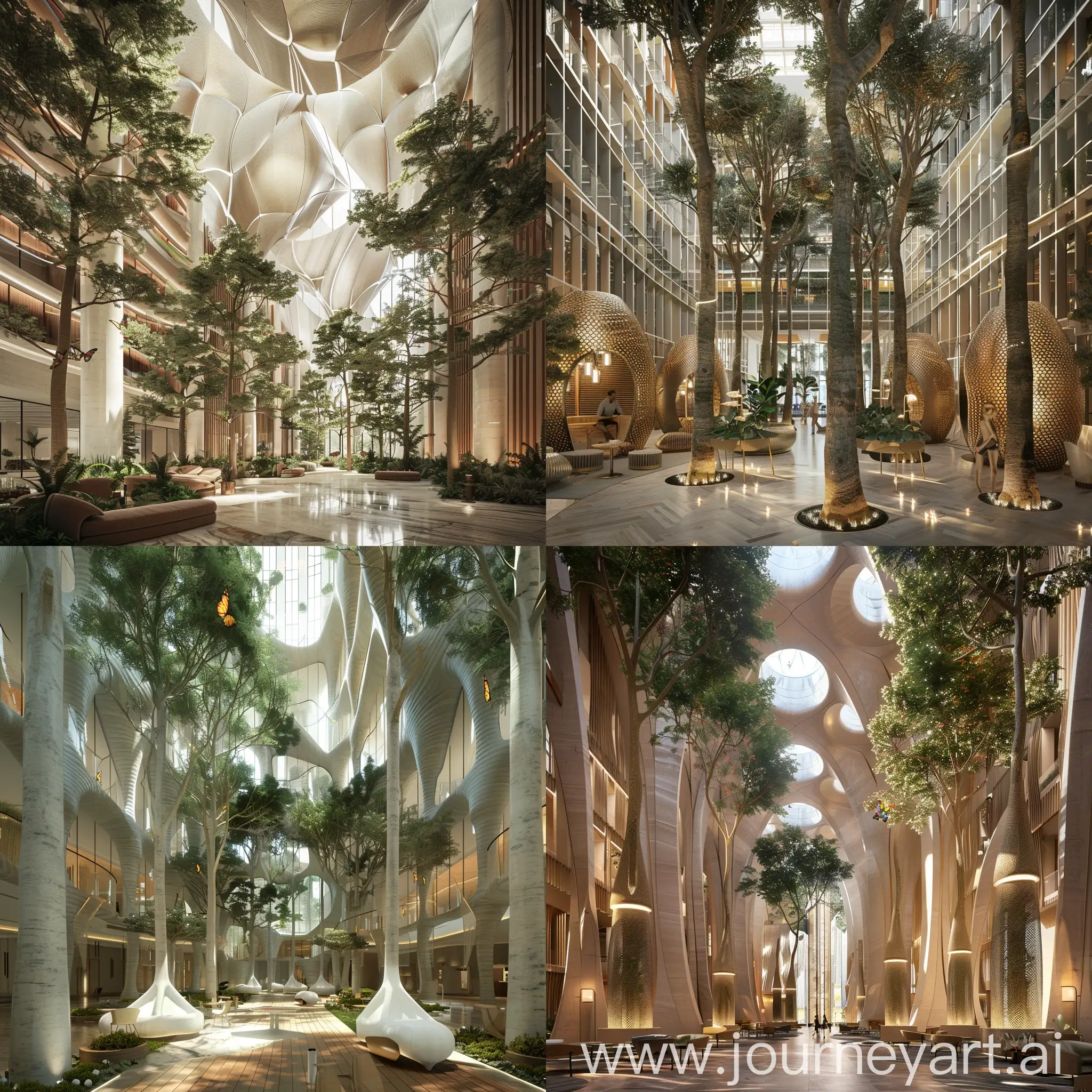 Luxurious-Hotel-Communal-Space-with-Tall-Tree-CocoonInspired-Design