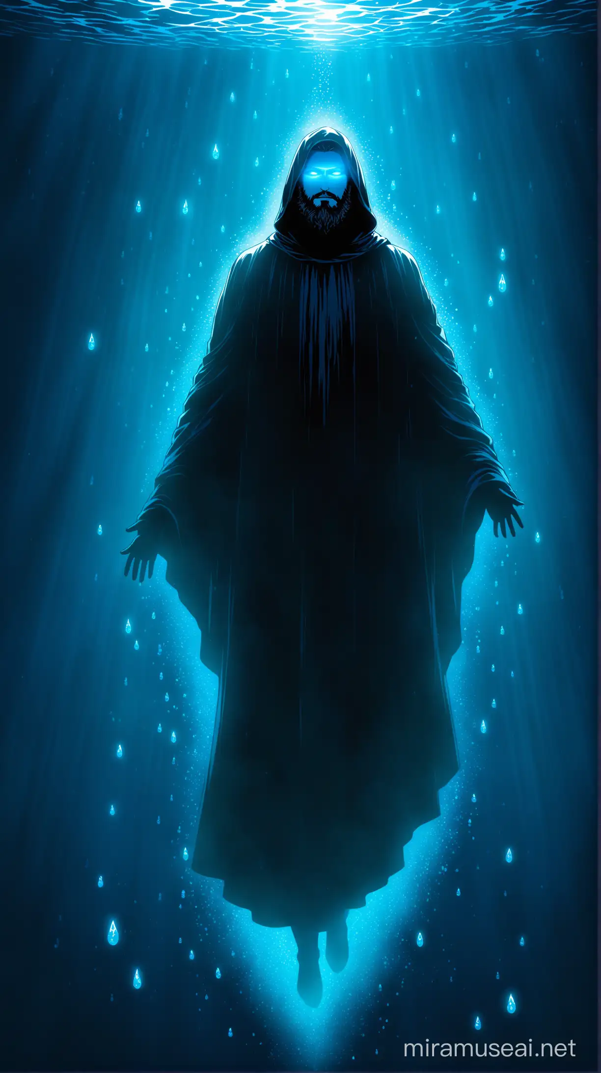 a silhouette of a male robed figure with a beard and two glowing blue eyes, rising from the depths of the deep ocean, water droplets floating up following him