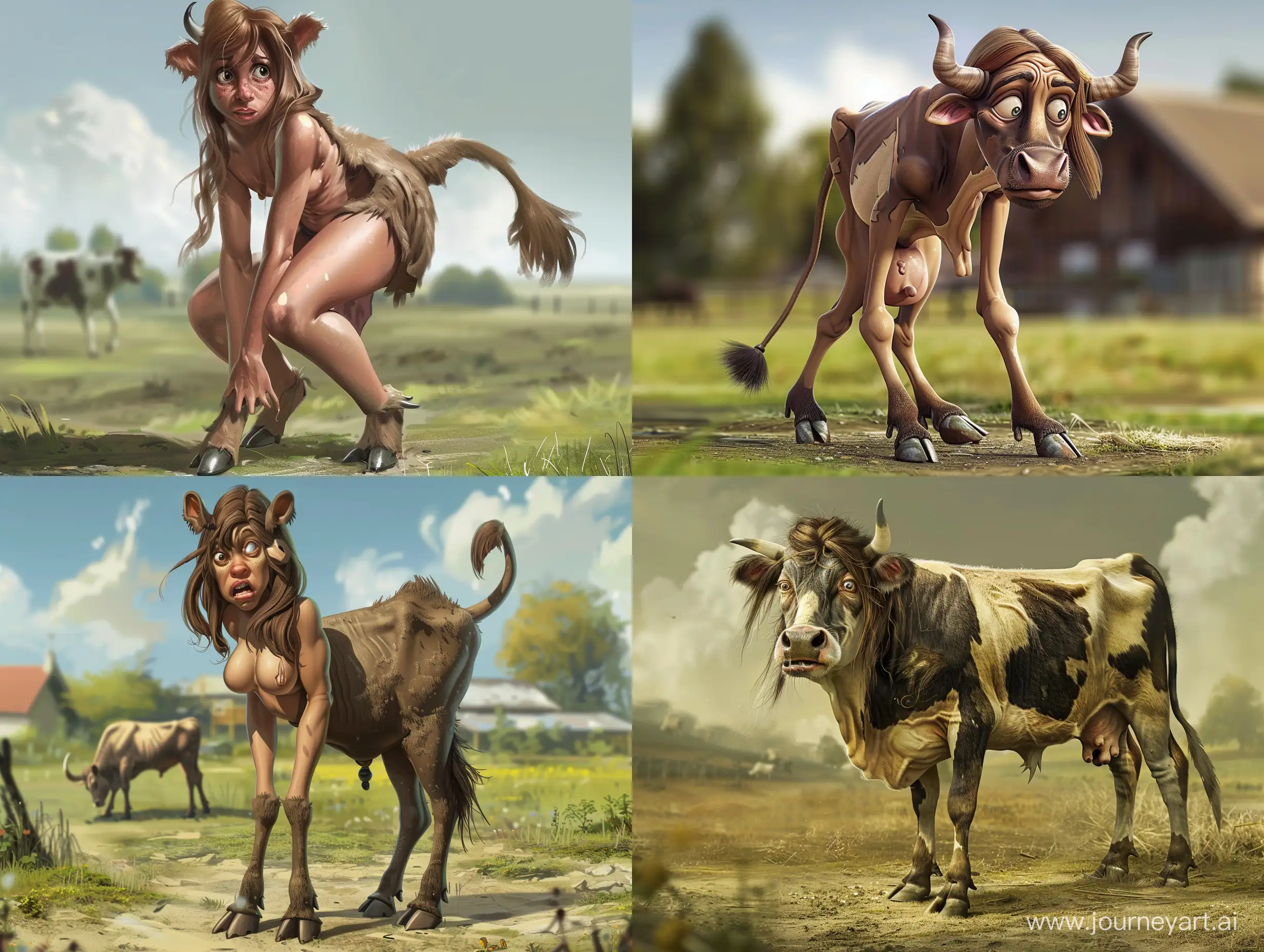 An hybrid between a woman and a cow. She has hooves, fur and a tail. She is standing on all fours in a pasture with a confused look. Full body picture, realistic lighting