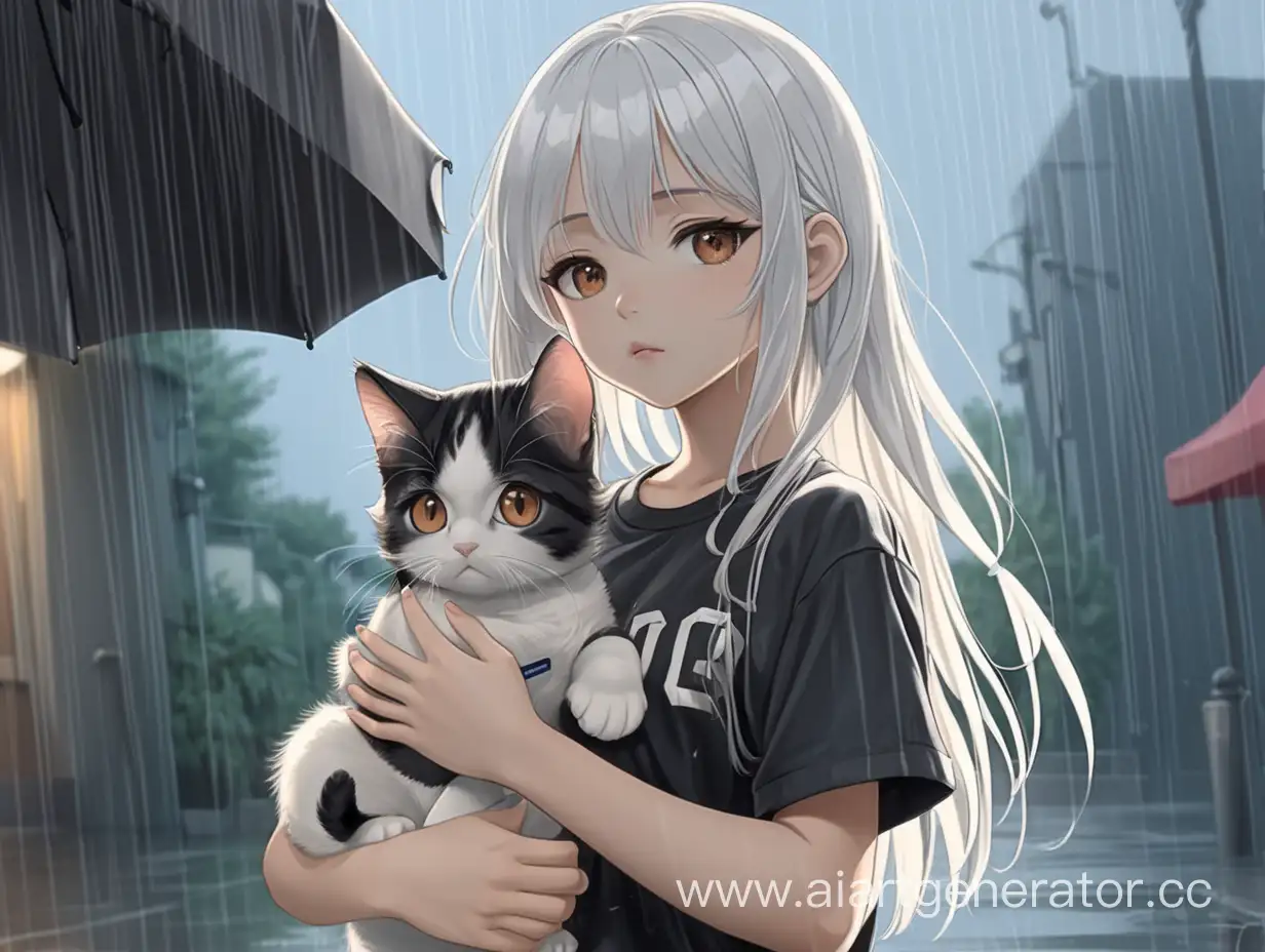 Красивая аниме девочка; у неё  длинные белые волосы; у девочки коричневые глаза ; у нее красивые губы и аккуратный нос; Девушка стоит под дождём; девушка  в белой футболке и чёрных спортивных шортах;  девушка держит в руках котенка