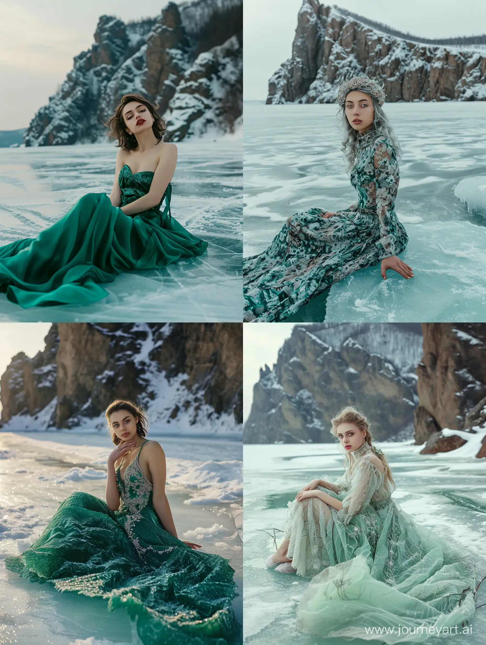 prompt:Film photography style, professional photo of a girl with pretty face in a polymer dress sits on the ice of lake Baykal in a fairytale mountain setting,winter, frost emerald color pallette  --ar 3:4 --chaos 7  --v 6