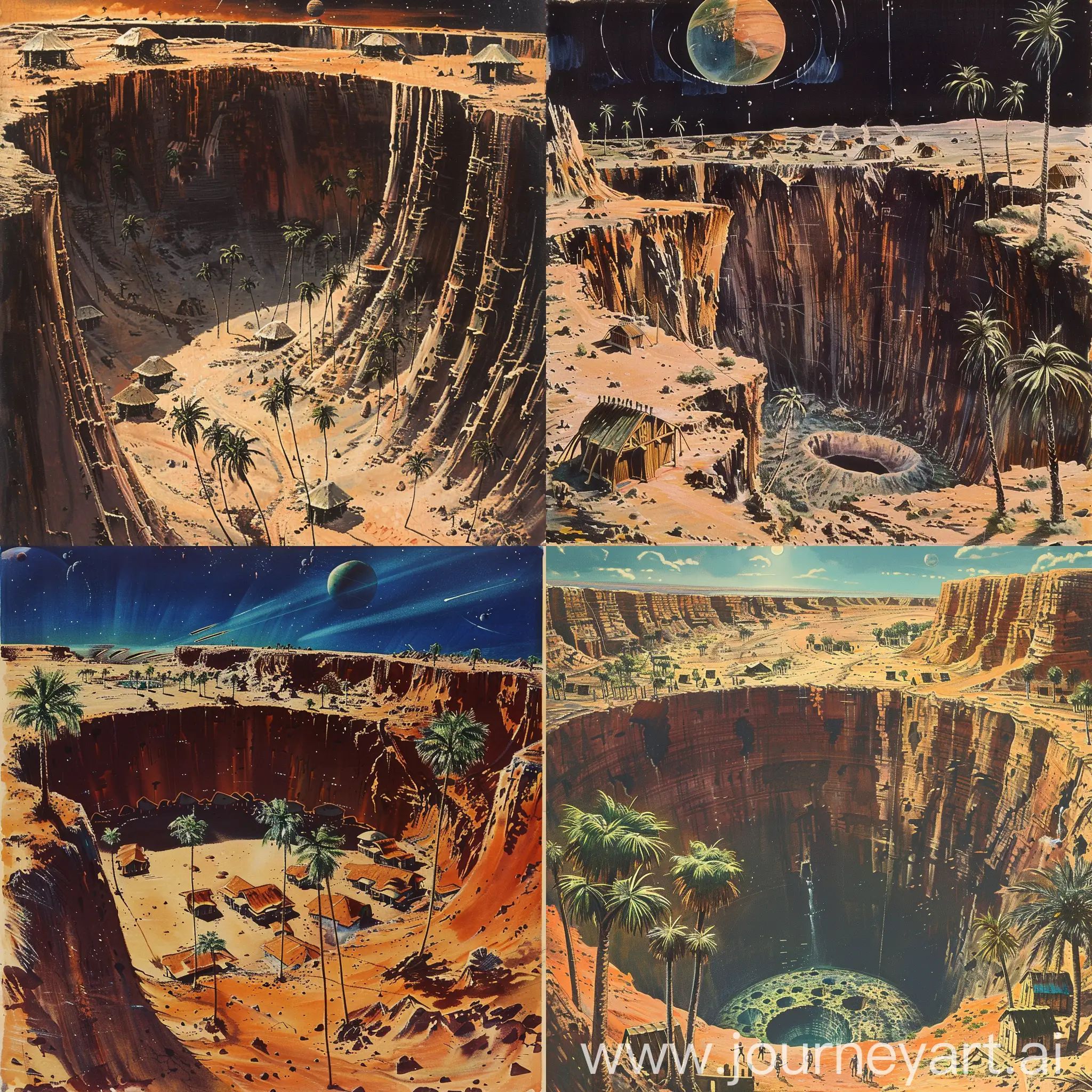 ретрофутуризм, дальний план, неизвестная планета, пустыня, пальмы, огромный кратер, по краям кратера лачуги инопланетян