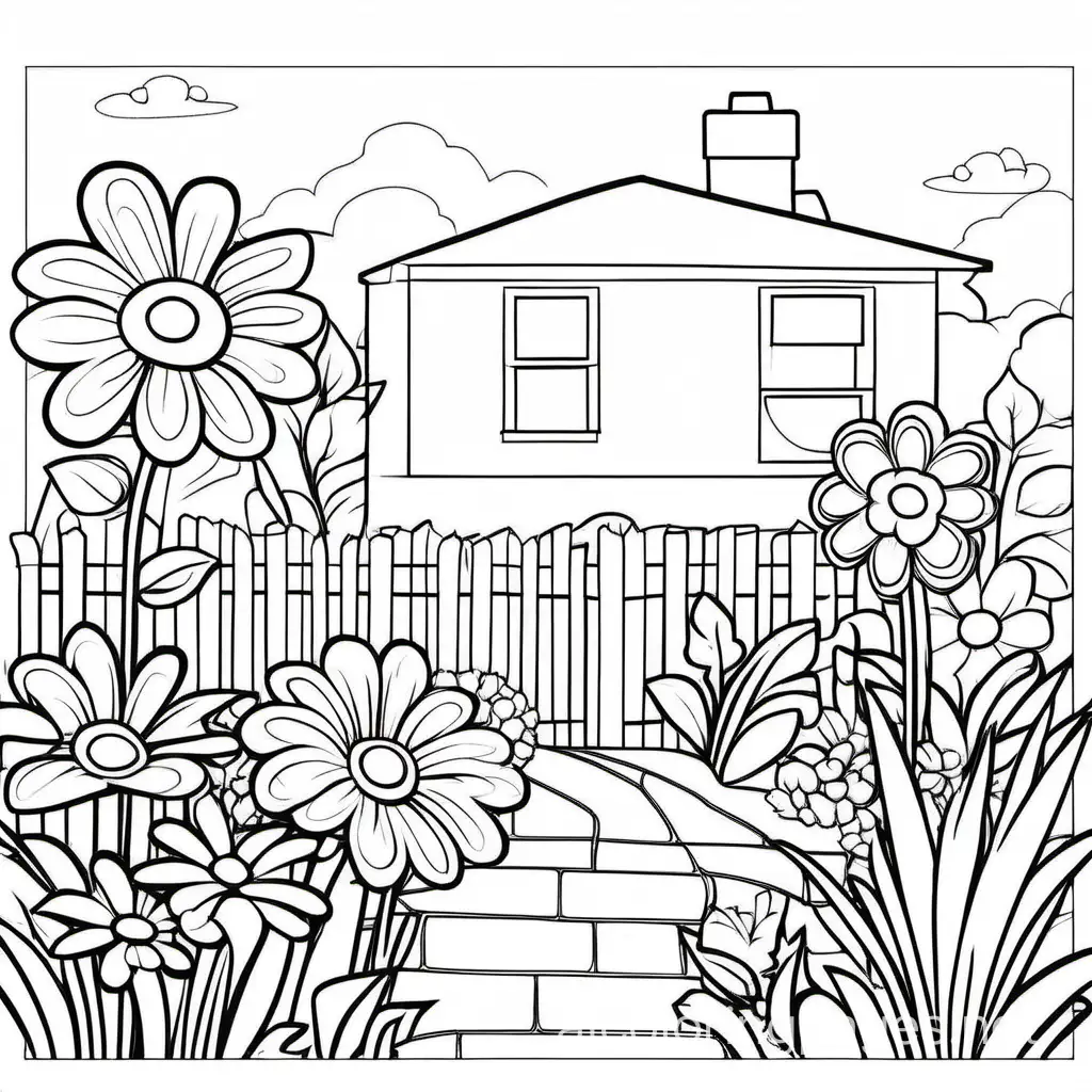 Prompt a flowers in a garden, Coloring Page, black and white, line art, white background, Simplicity, Ample White Space. The background of the coloring page is plain white to make it easy for young children to color within the lines. The outlines of all the subjects are easy to distinguish, making it simple for kids to color without too much difficulty, Coloring Page, black and white, line art, white background, Simplicity, Ample White Space. The background of the coloring page is plain white to make it easy for young children to color within the lines. The outlines of all the subjects are easy to distinguish, making it simple for kids to color without too much difficulty