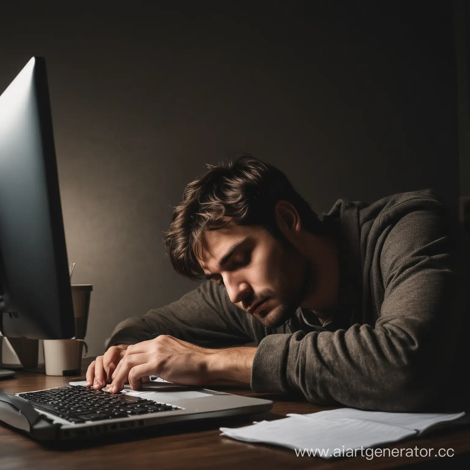 очень уставший человек спит пере компьютером в темной комнате, на столе рядом с ним стоит кружка с кофе