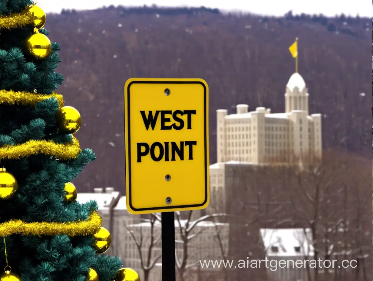 Желтая надпись West Point на фоне новогодней ёлки