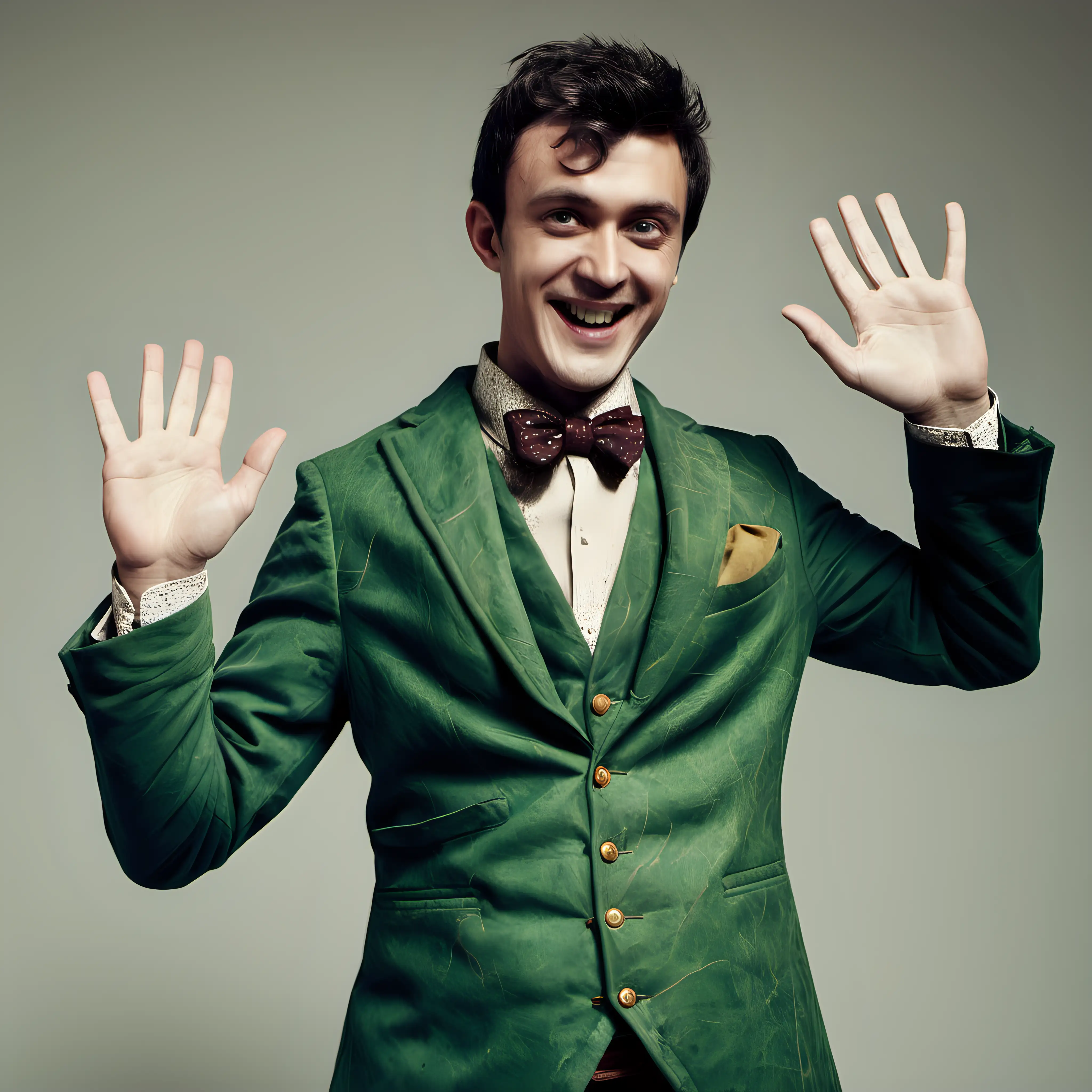 A man with both arms waving wearing a rustic green blazer and waistcoat.


