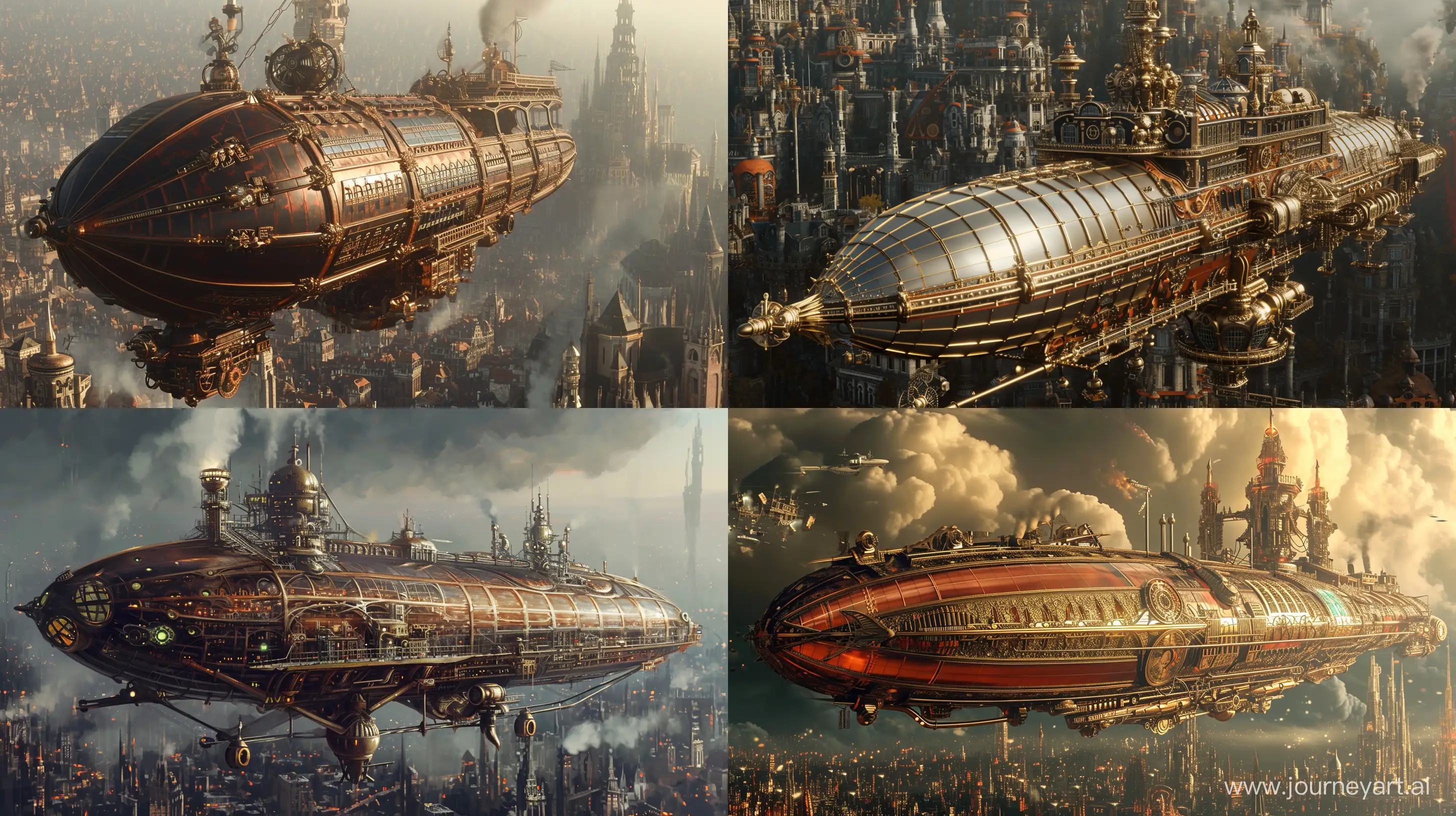 Steampunk Airship with intricate details, with steampunk city in the background --v 6.0 --ar 16:9