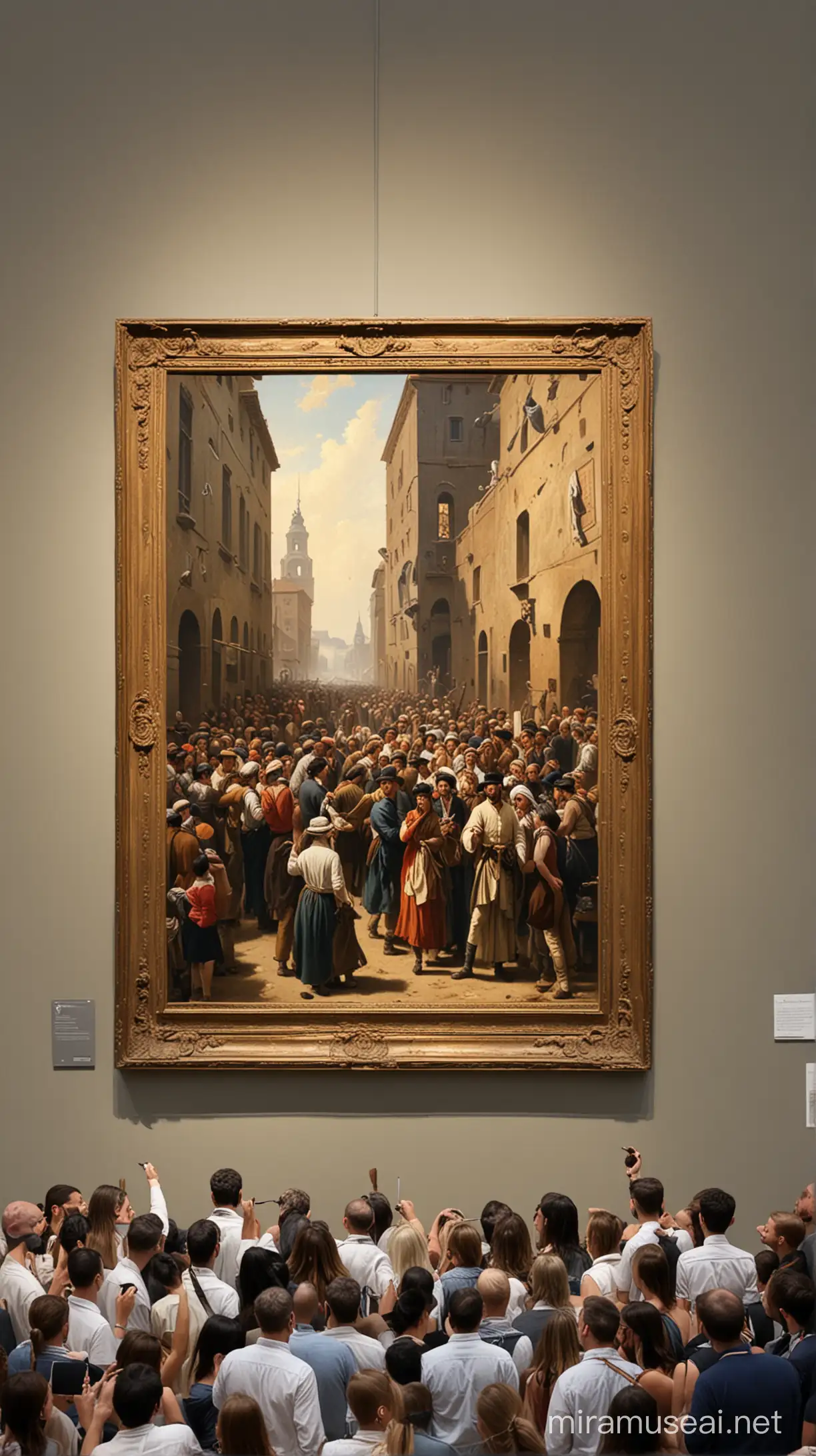 Crowd Admiring Painting in Museum Exhibition