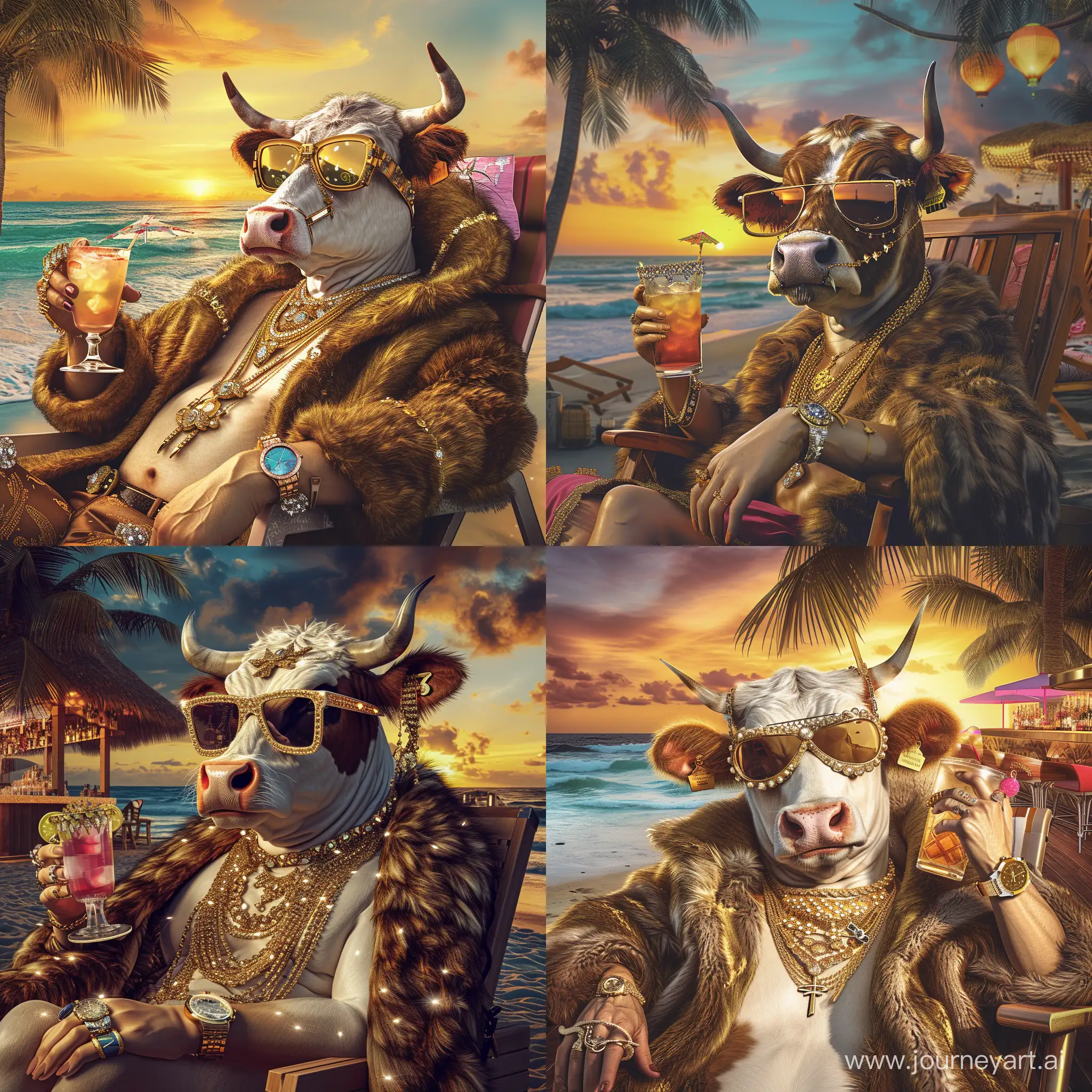 A cow dressed in a fur coat, with gold and diamond necklaces, wearing chic sunglasses and a luxury watch She is lying on a deck chair and drinking a cocktail on a beach near a beach bar sunset luxury and fun atmosphere. professional photo ultra realistic ultra detailed hdr