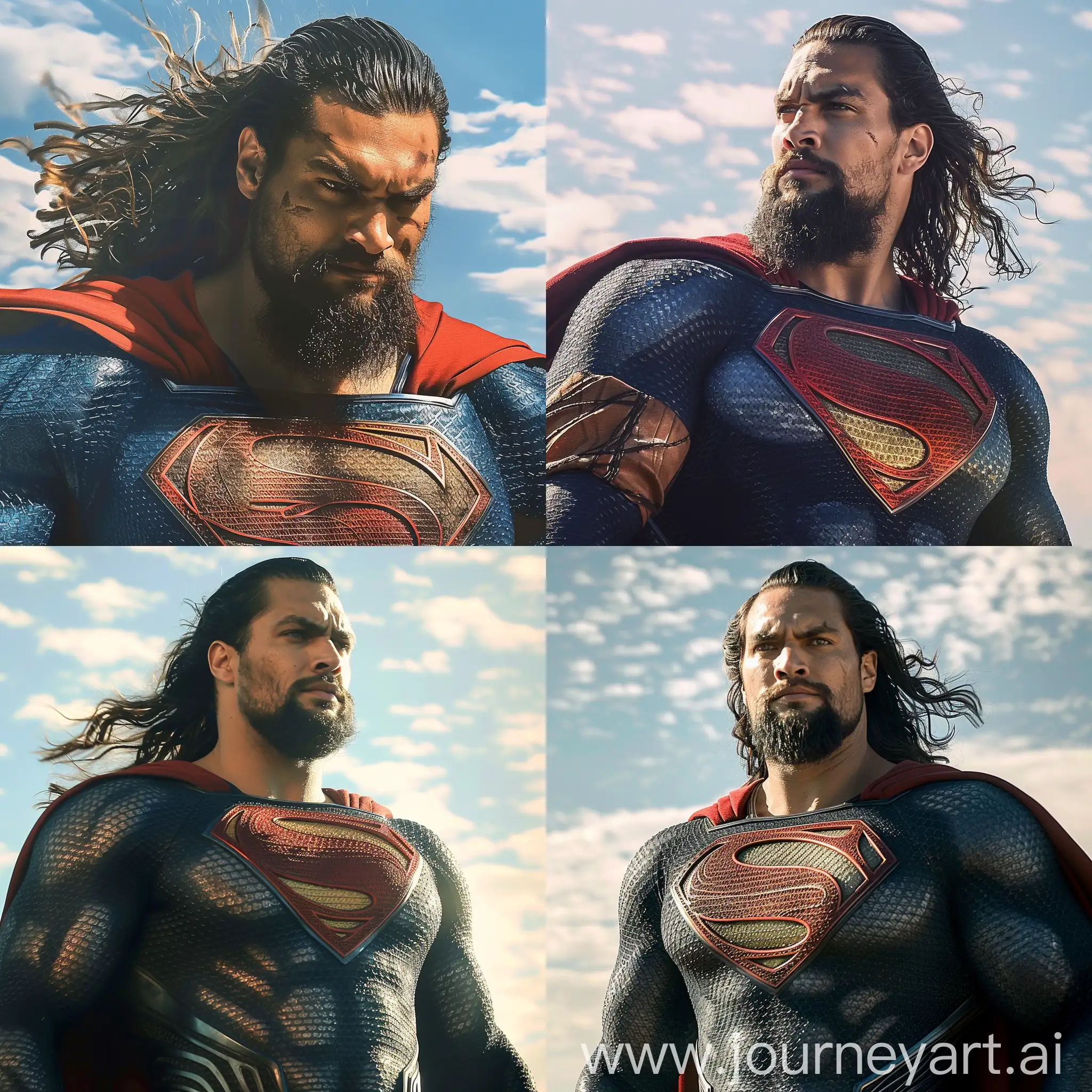 Джейсон Момоа в роли брутального Супермена , в костюме супермена, на фоне неба,