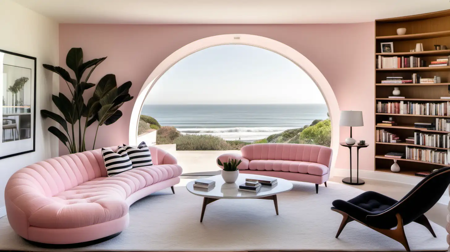 Contemporary Malibu Beach Living Room with Pink Eko Yomi Sofa and MidCentury Decor