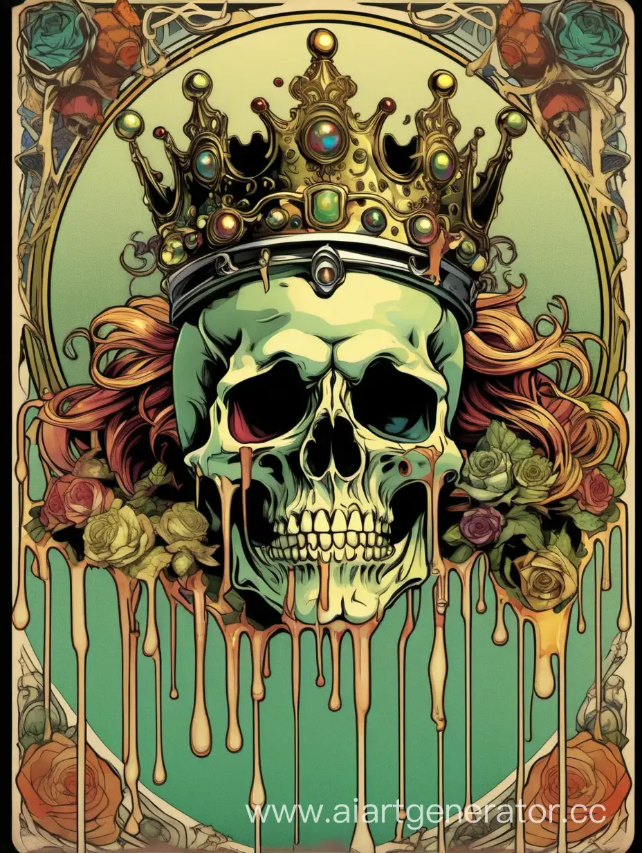 fool skull ,  crazy skull,  hipercolored dripping crown, alphonse mucha poster,  ornament, hiperdetailed, sticker art