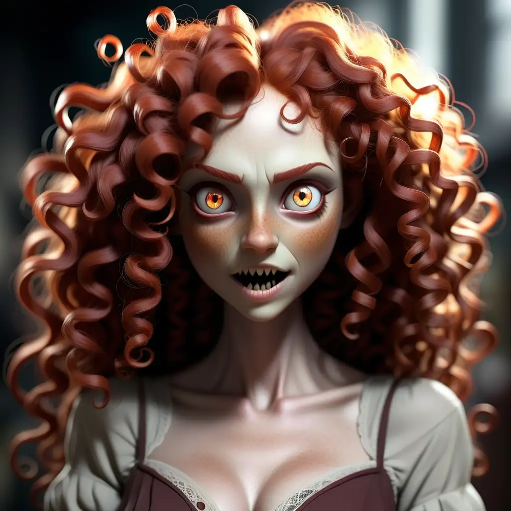 Женщина с рыжими кудрявыми волосами но очень редкими , прозрачные глаза , тонкие острые зубы  как у зверя , бесформенное тело. Добрая
   Волшебство 