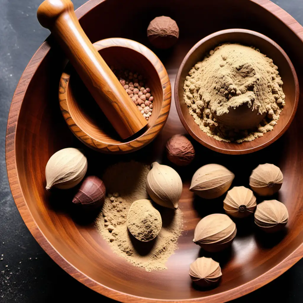 Nutmegs in a wooden bowl, and its powder in another bowl and a wooden mortar and pestle in an ayurvedic setup for instagram