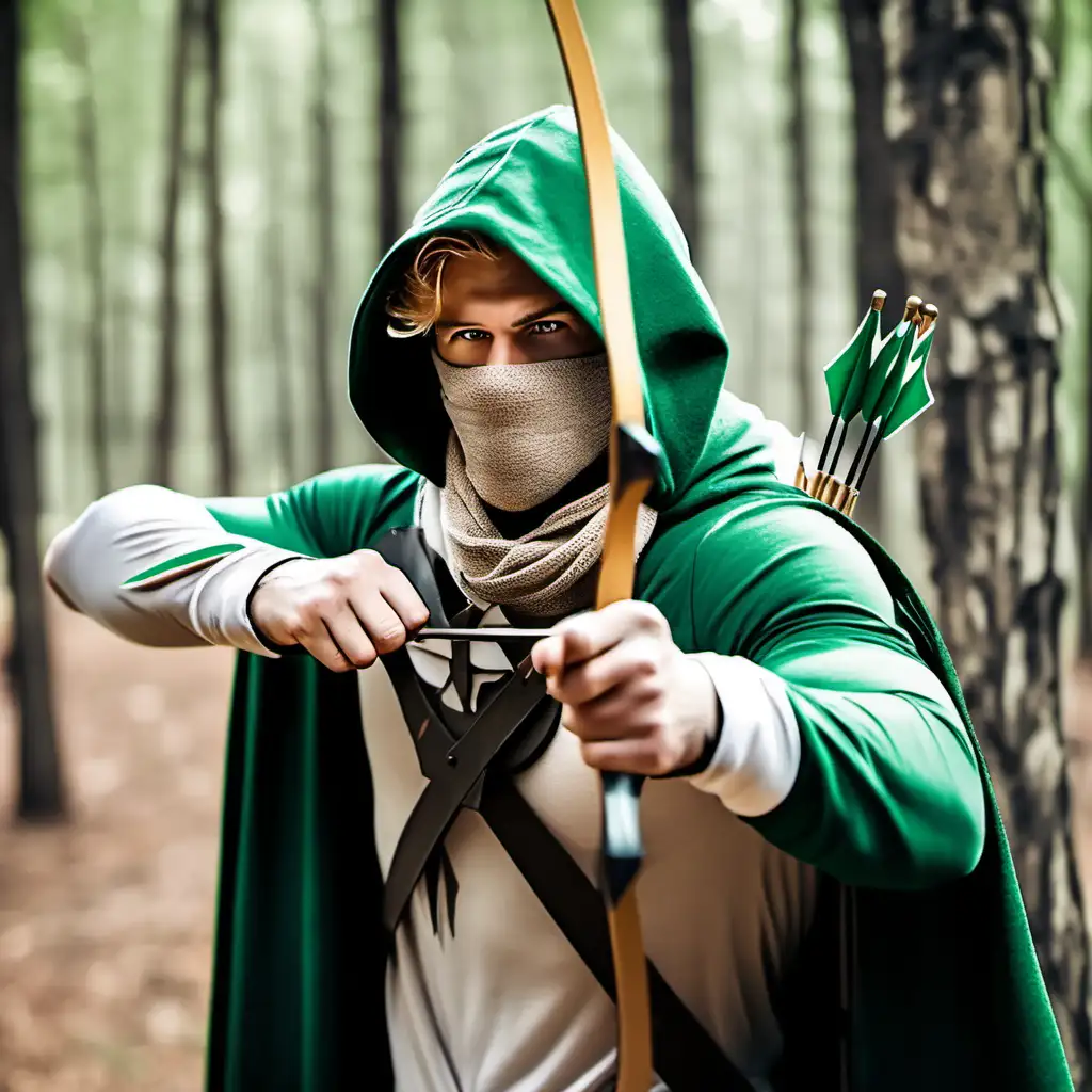 Mysterious Archer in Enchanted Forest with Bow and Arrow