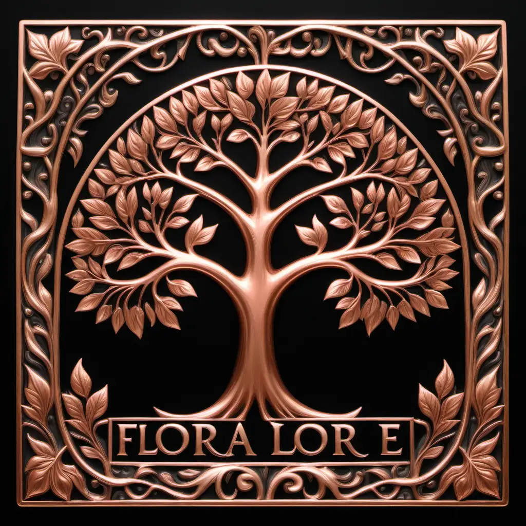 A logo.  Write the words "Flora Lore".  A copper tree with Metallic leaves.  A double border with ornate decorations inside the border, ornate decorations outside the border creating an overall square shape.  black  background.