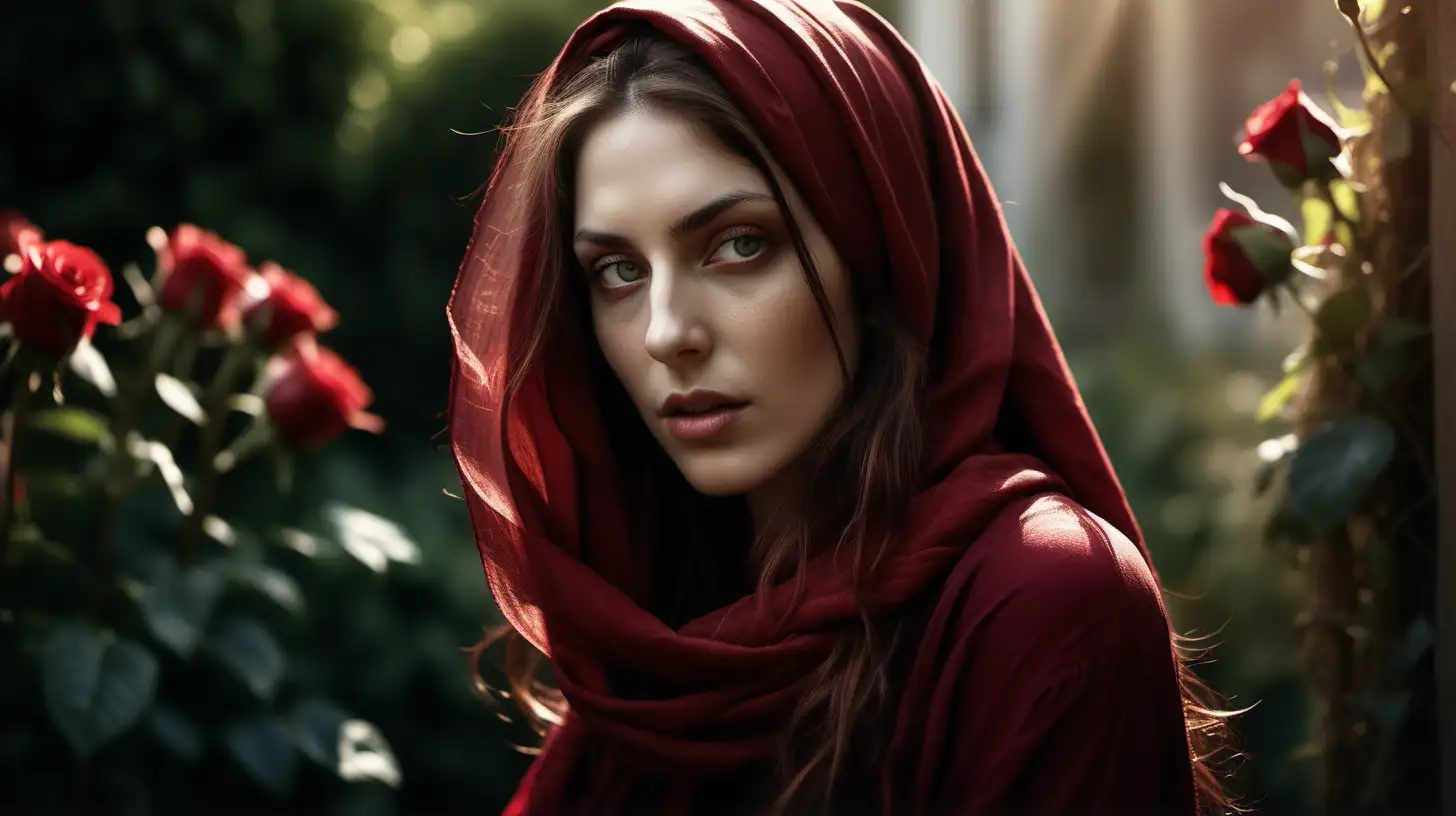 A realistic photograph of a beautiful Mary Magdalene, dark red headscarf, showing emotions of love, mystery, looking at camera, messy hair, long hair, natural, fashion, editorial, waist-up portrait, set in a studio, sunlight streaming in background, intricate sunlight in hair, bokeh backdrop, rose garden, medium format camera, high-resolution, detailed portraiture, hyperrealistic, stunning lighting, dynamic composition, emotive expression, intense gaze, textured skin, sharp focus, attention to detail, natural beauty, authentic photograph by Anton Corbijn --ar 3:2 --v 6.0 --style raw