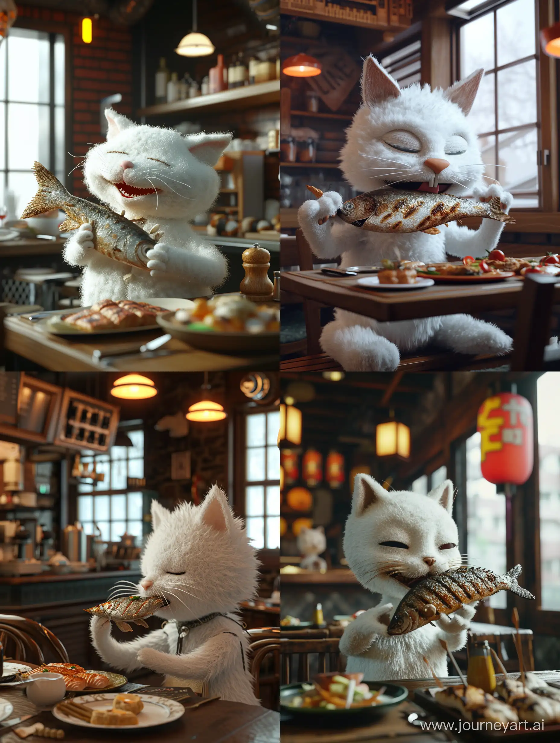 A white puppet cat is eating grilled fish in a restaurant,anthropomorphized,warm colors, 3d, blender, redshift, realisticrendering details, high definition