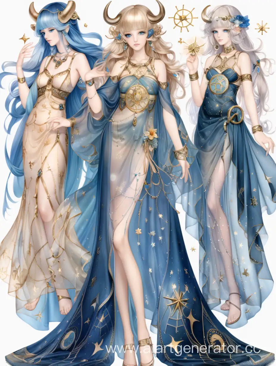 The personification of the zodiac signs, several dress designs, fantasy. Silk and translucent fabric. 
