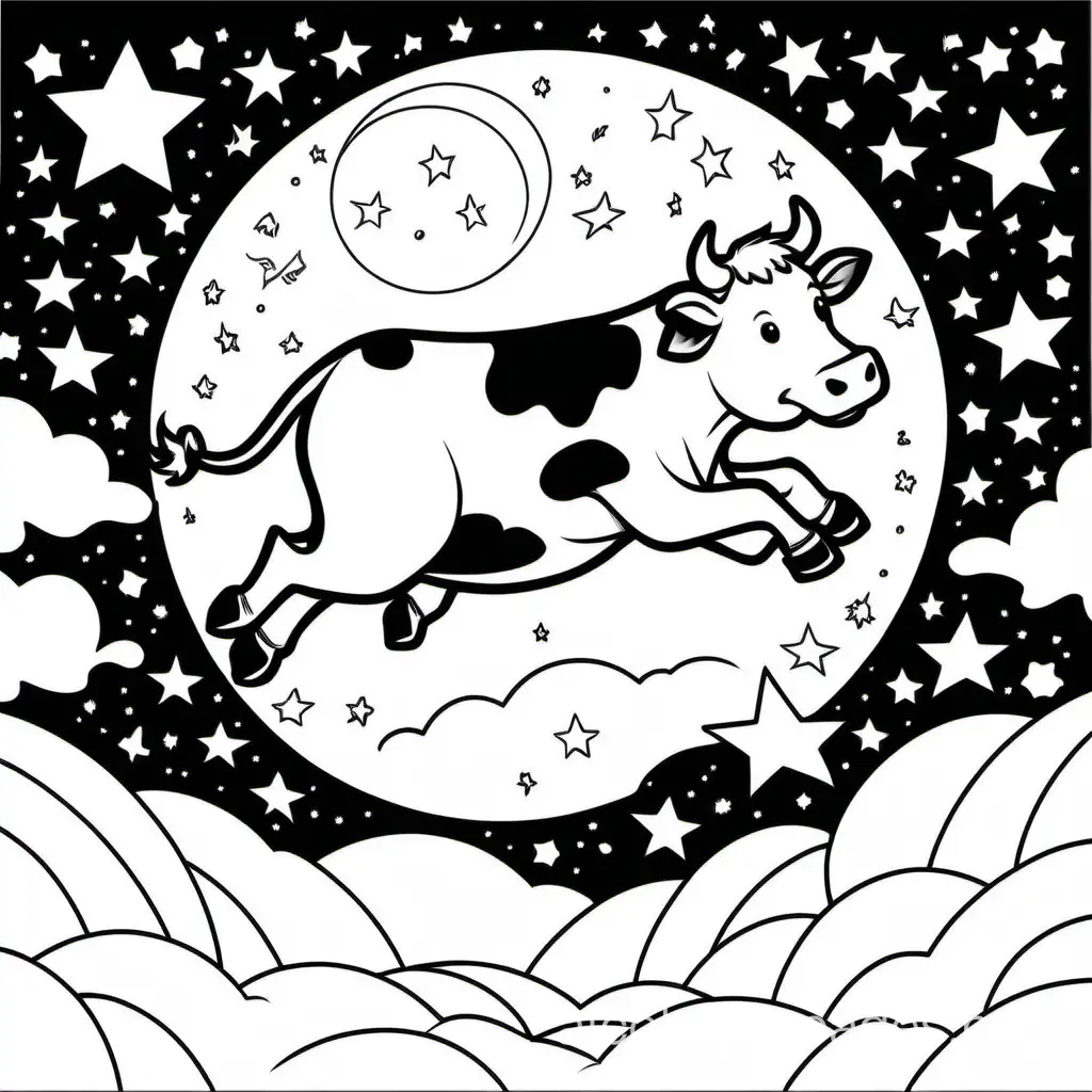 cow jumping OVER a full moon with. stars, Coloring Page, black and white, line art, white background, Simplicity, Ample White Space. The background of the coloring page is plain white to make it easy for young children to color within the lines. The outlines of all the subjects are easy to distinguish, making it simple for kids to color without too much difficulty