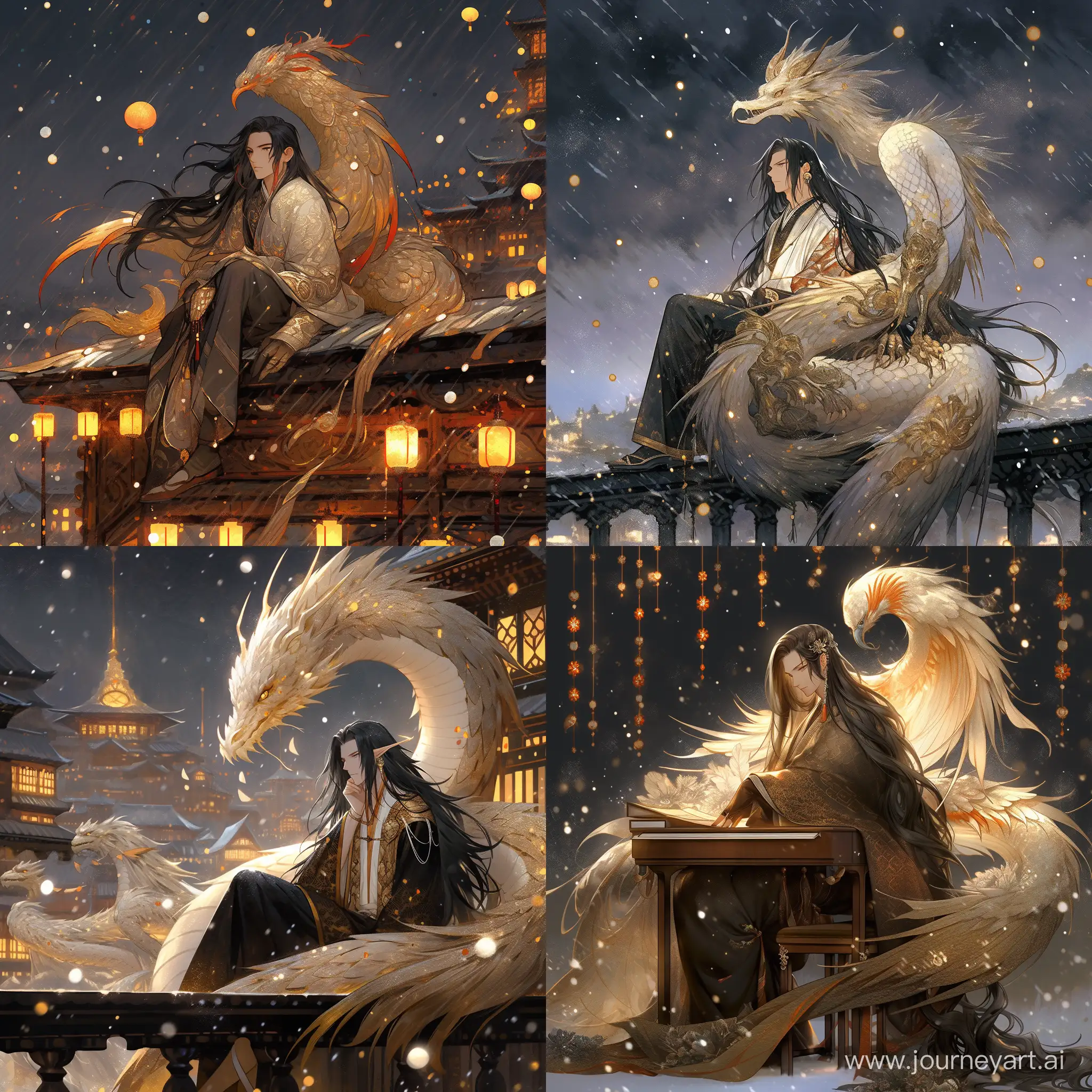 /I A young man with long black hair, wearing golden hanfu with decorations, sits next to a huge fantastic phoenix, snow is falling, night --relax --niji