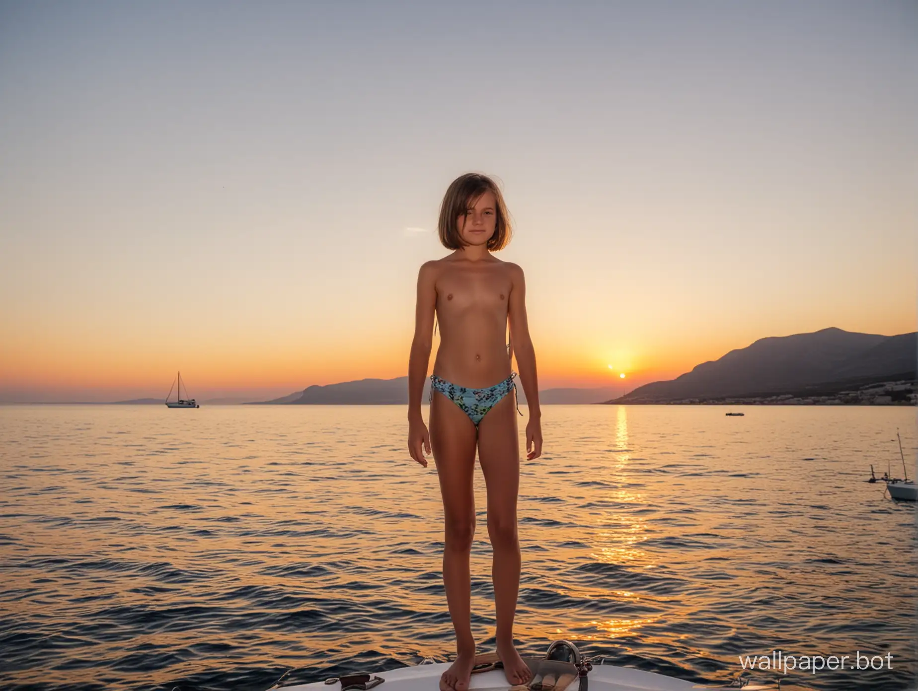 11-year-old girl with a bob, topless, in full height, Crimea, yacht on the horizon, sunset, sea, mountains in the distance