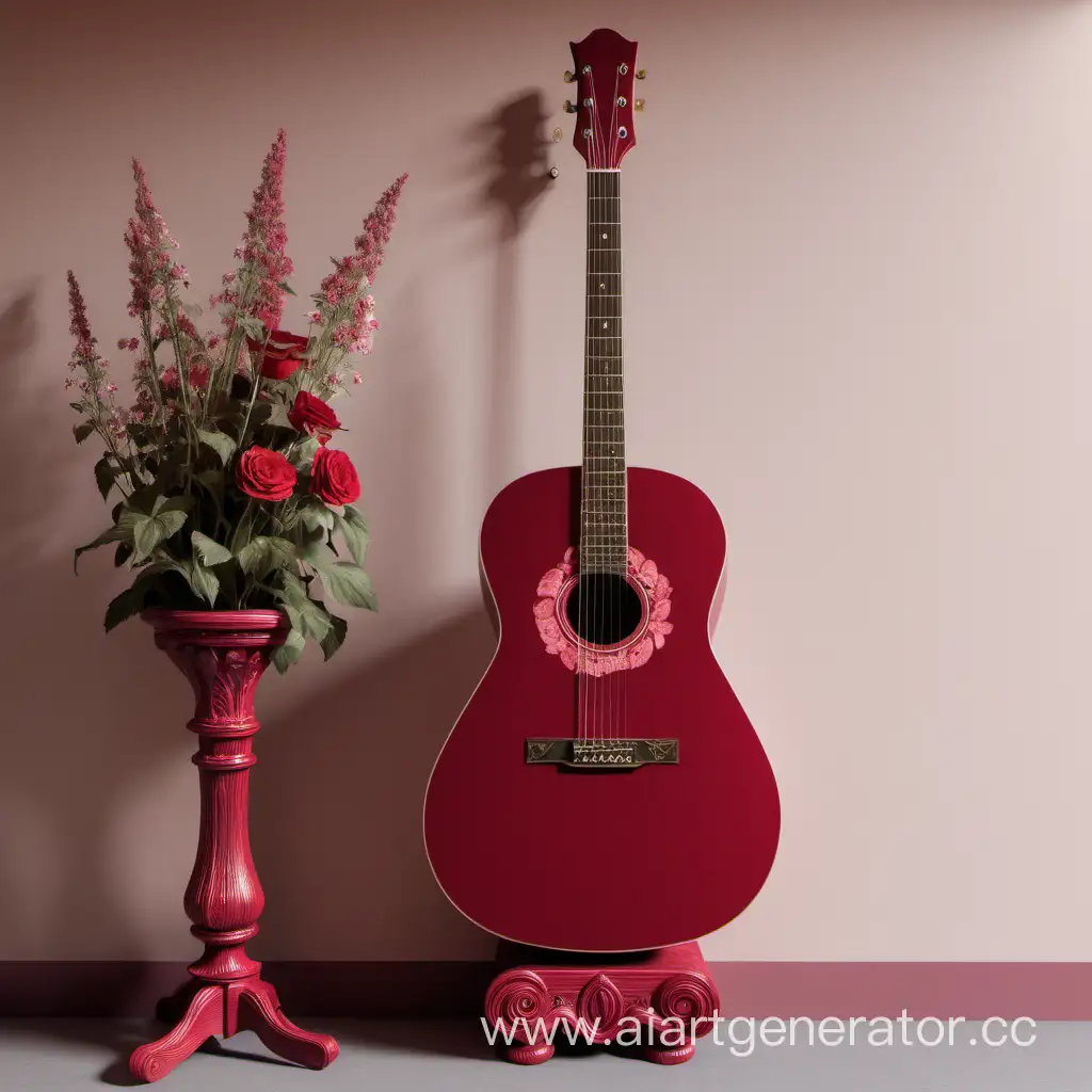 Vintage-Guitar-Resting-Against-Ruby-Moire-Pedestal-with-Floral-Accents