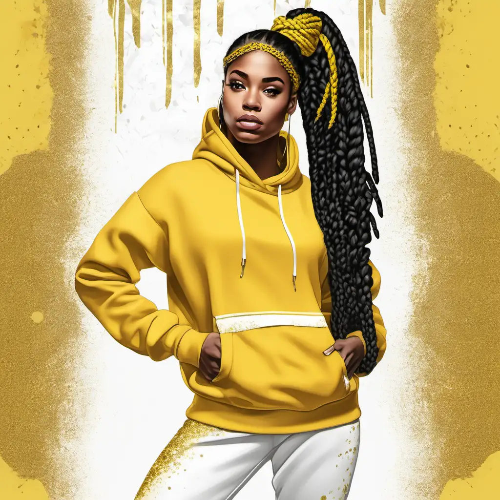 African american women, wearing yellow and white hoodie, no black, white ripped yellow and white pants sweatsuit, with braided hair, with a gold glitter background digital art