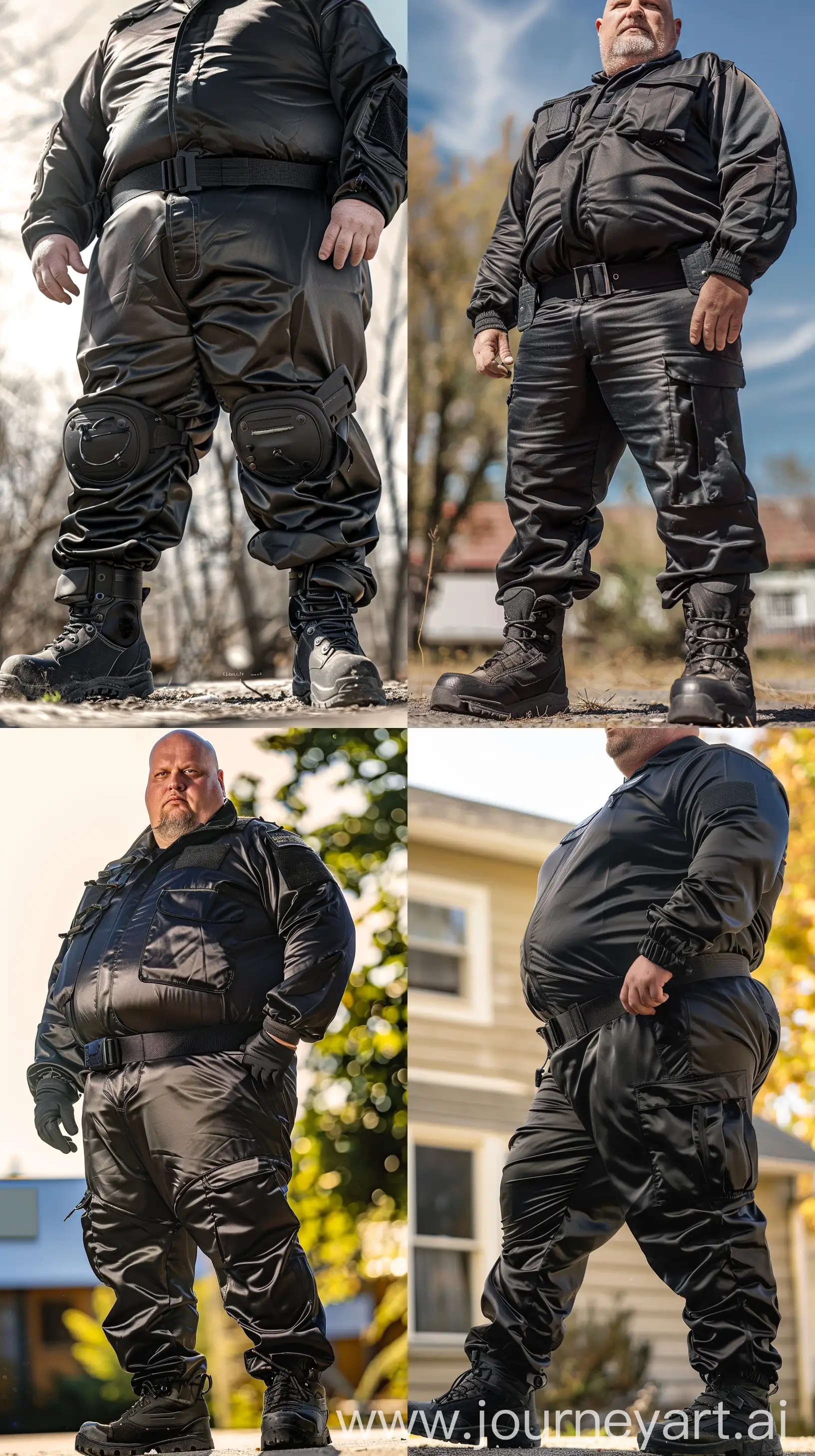 Close-up Photo of a fat man aged 50 wearing a silk black security guard skinny-fitted stretched full coverall tucked in black tactical hiking boots. Thick black tactical belt. Standing guard. Outside. Bald. Clean Shaven. Natural light. --style raw --ar 9:16