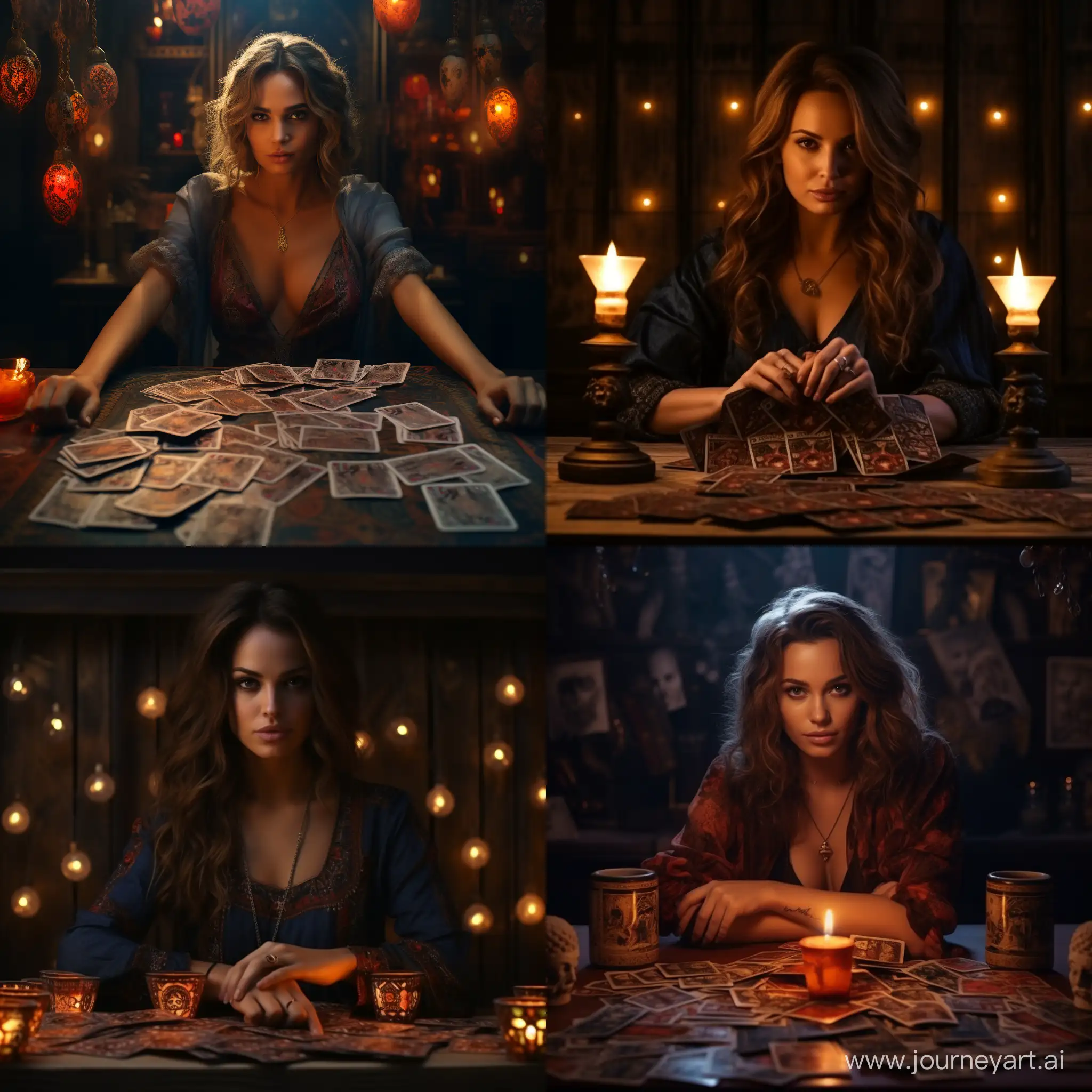 Russian woman, tarot reader, tarot cards, candles on the table, looking at the camera, hands lying on the table, 4k, high detail, warm lighting, dark colors